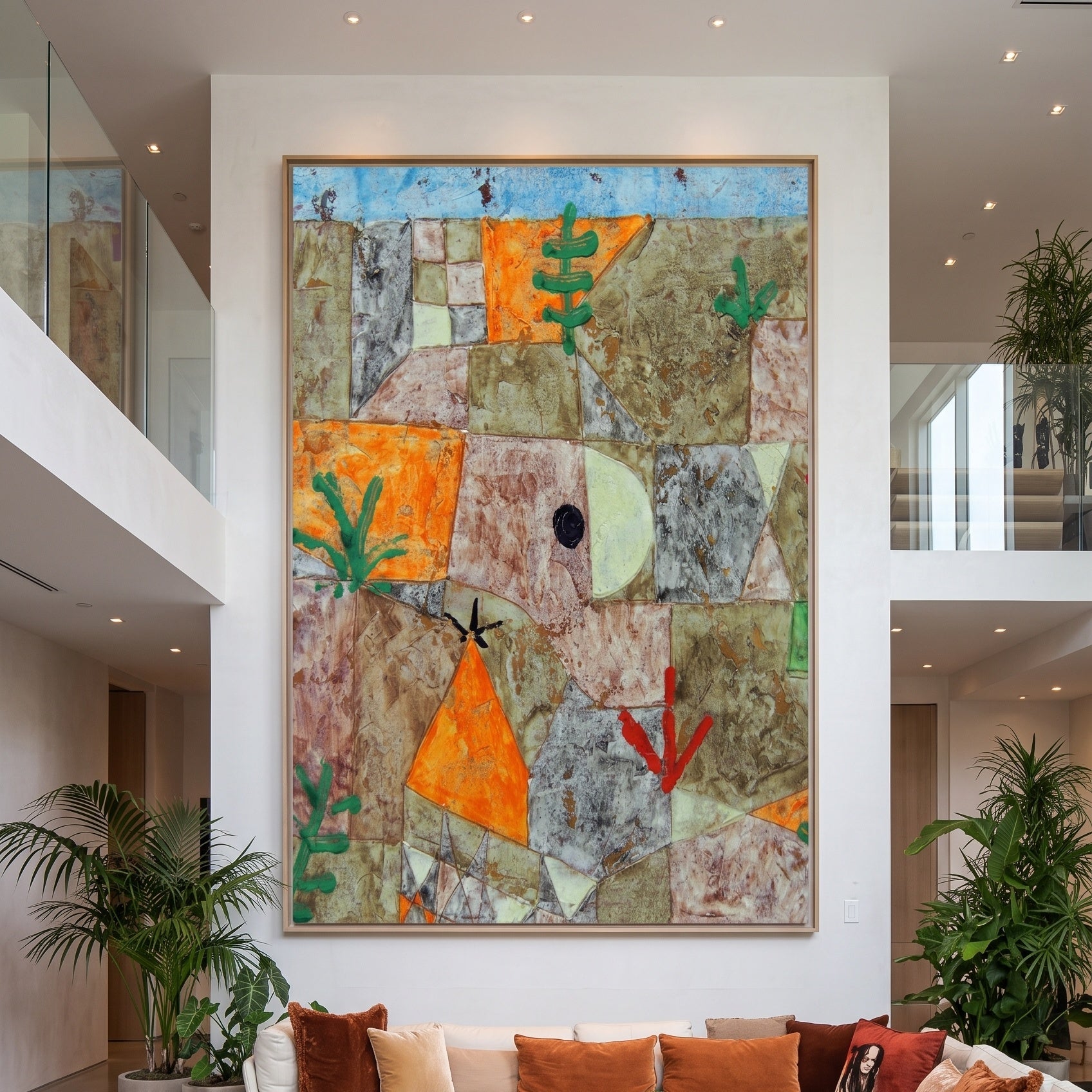 Garden with Hieroglyphs by Paul Klee — large brown and orange Geometric Abstract canvas art on a living room wall