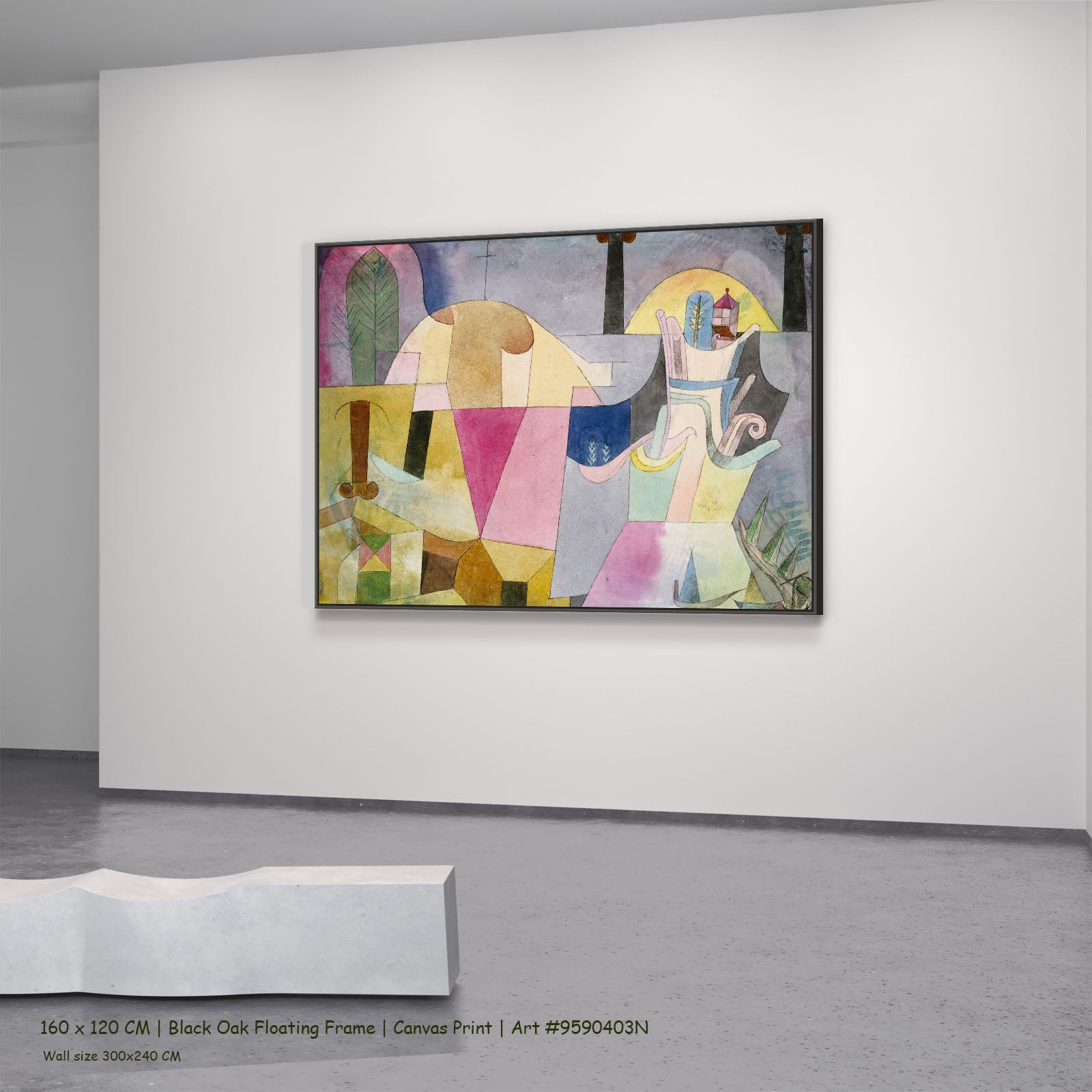 Black Columns in a Landscape by Paul Klee in a black oak floating frame, large yellow and pink Colourful Abstract canvas