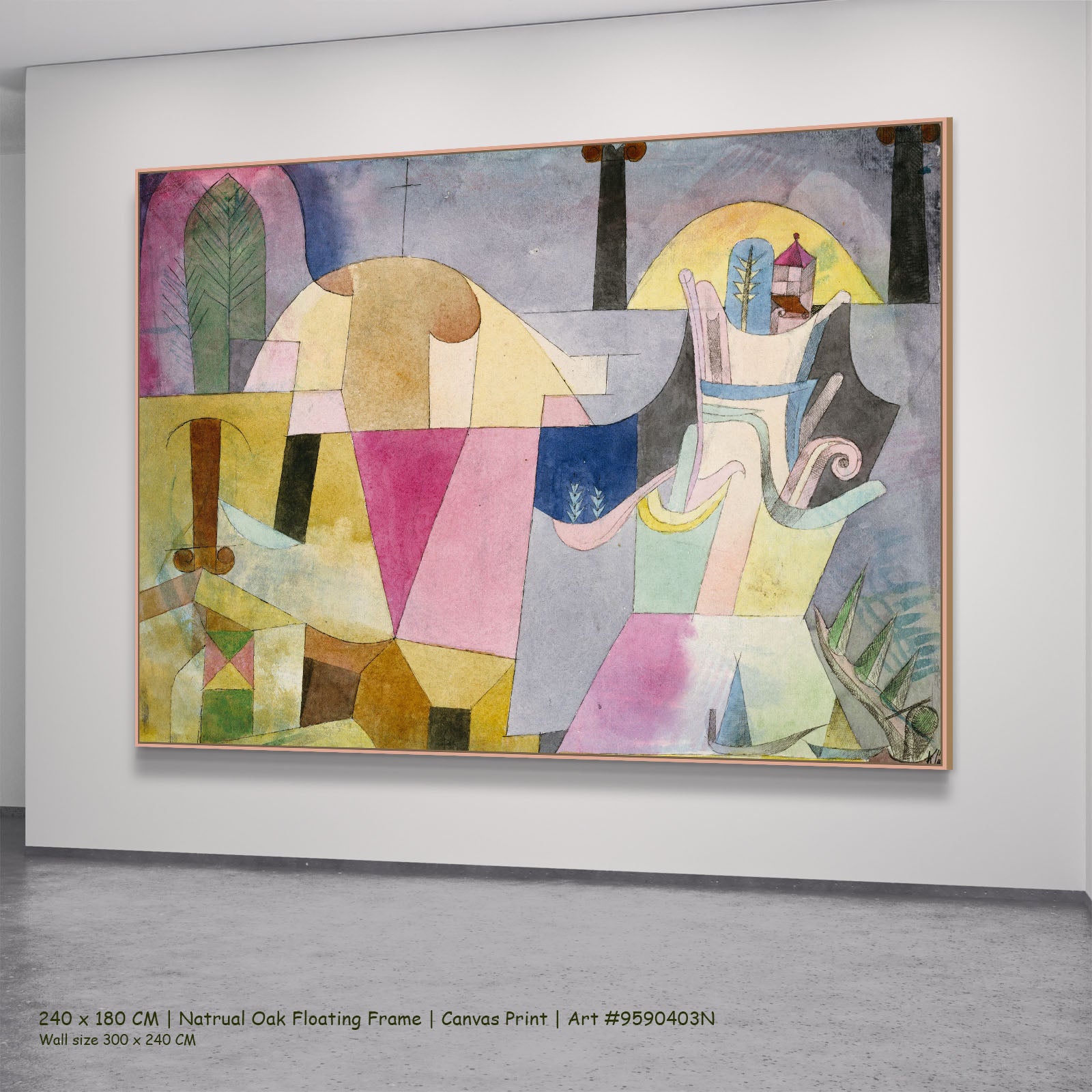 Black Columns in a Landscape by Paul Klee in a natural oak floating frame, large yellow and pink Colourful Abstract canvas
