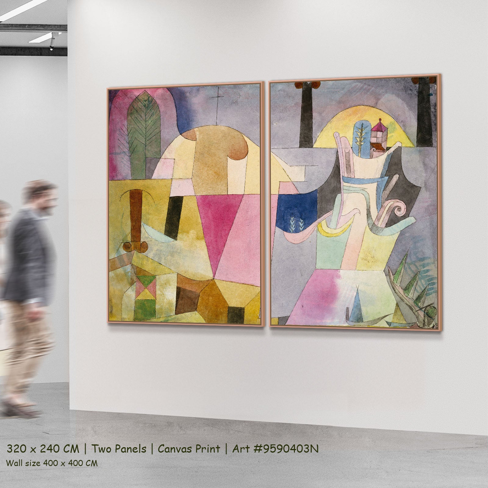 Black Columns in a Landscape by Paul Klee as a large two-panel yellow and pink Colourful Abstract canvas set