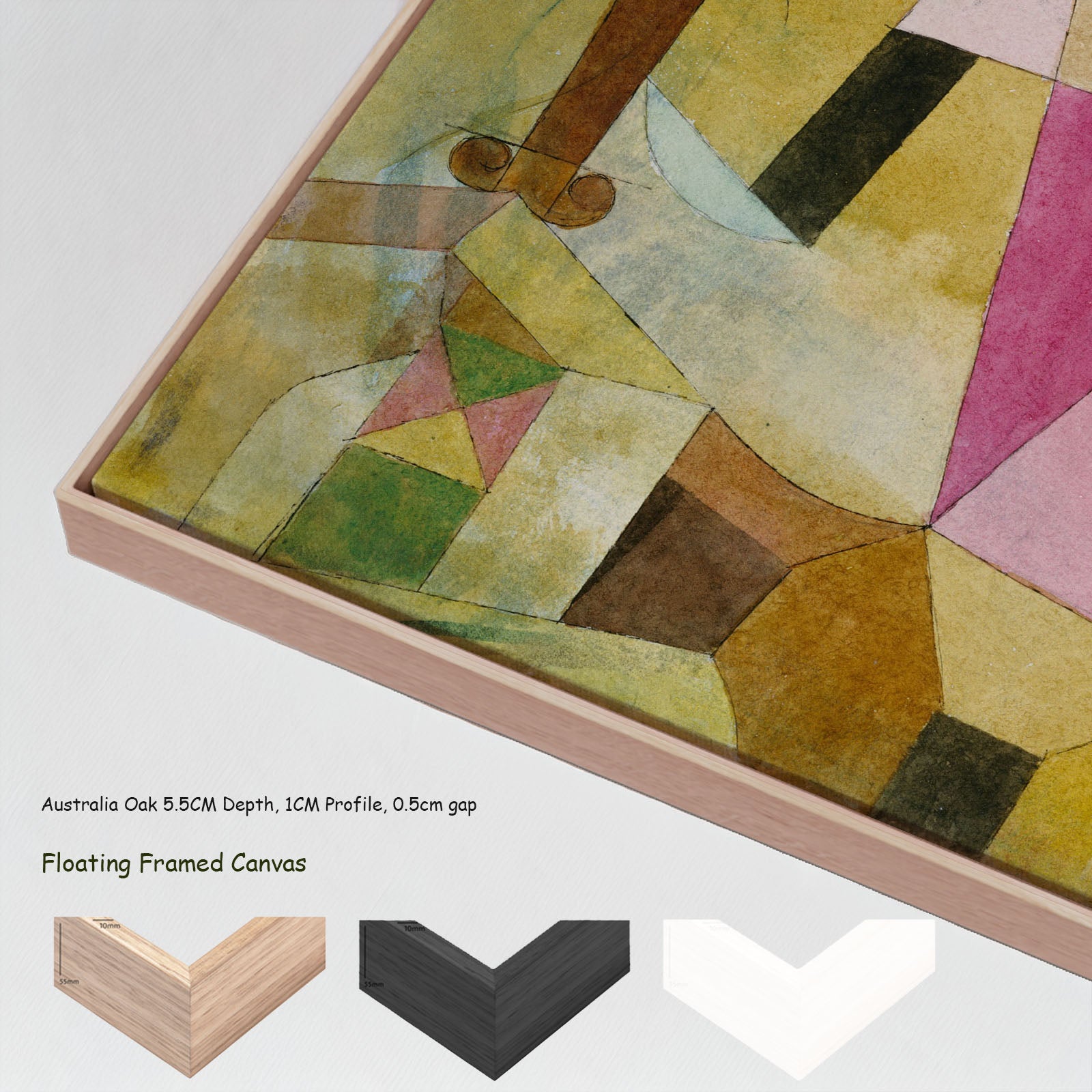 Black Columns in a Landscape by Paul Klee in a floating frame, large yellow and pink Colourful Abstract canvas print