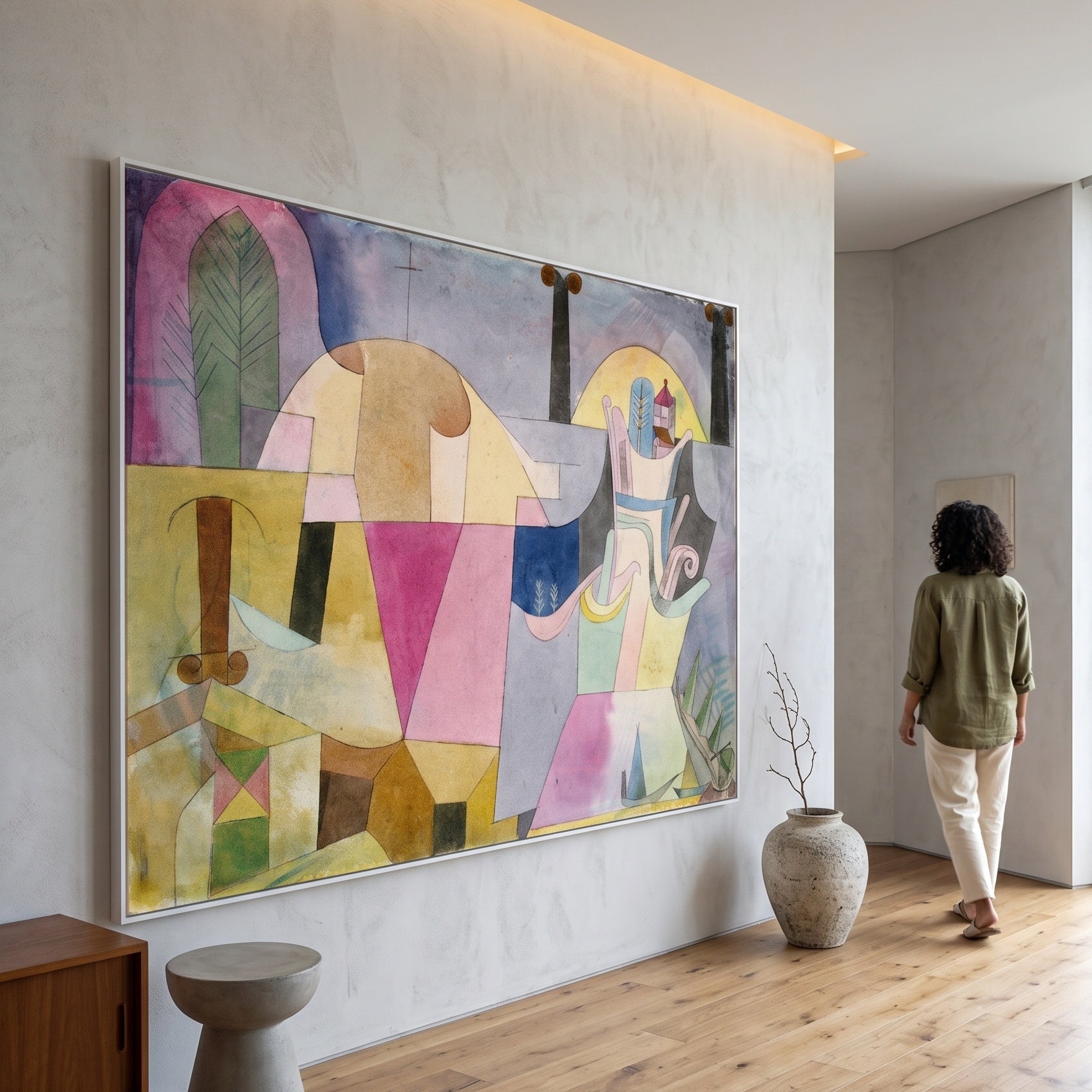 Black Columns in a Landscape by Paul Klee — large yellow and pink Colourful Abstract canvas art on a living room wall