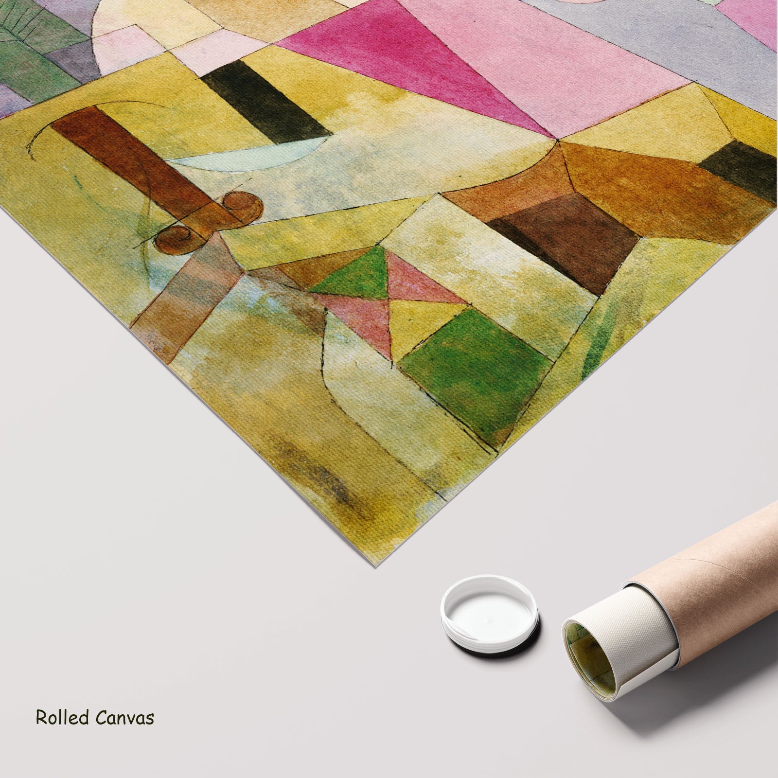 Black Columns in a Landscape by Paul Klee as a large rolled yellow and pink Colourful Abstract canvas print