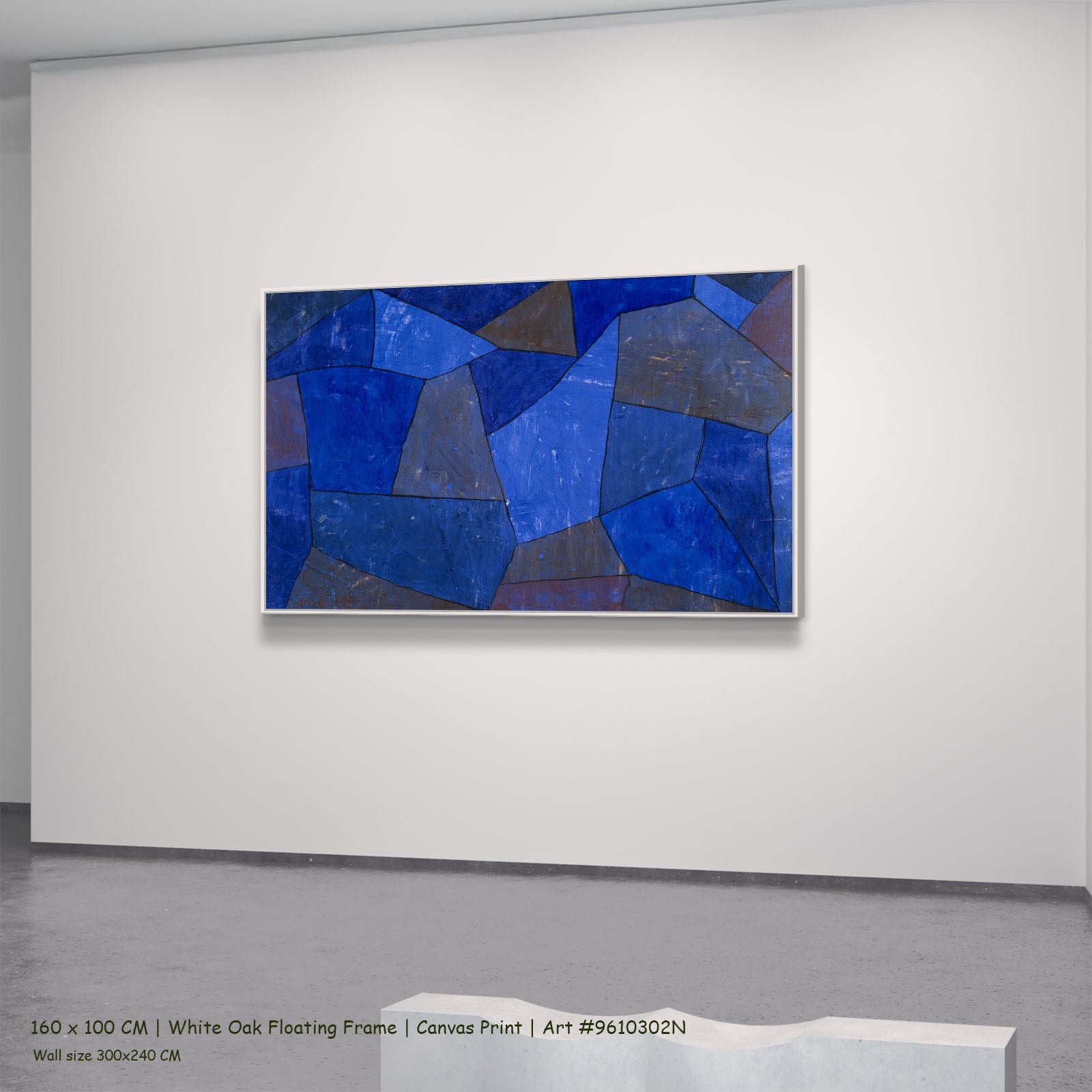Rocks at Night by Paul Klee in a white oak floating frame, large blue and brown Abstract canvas