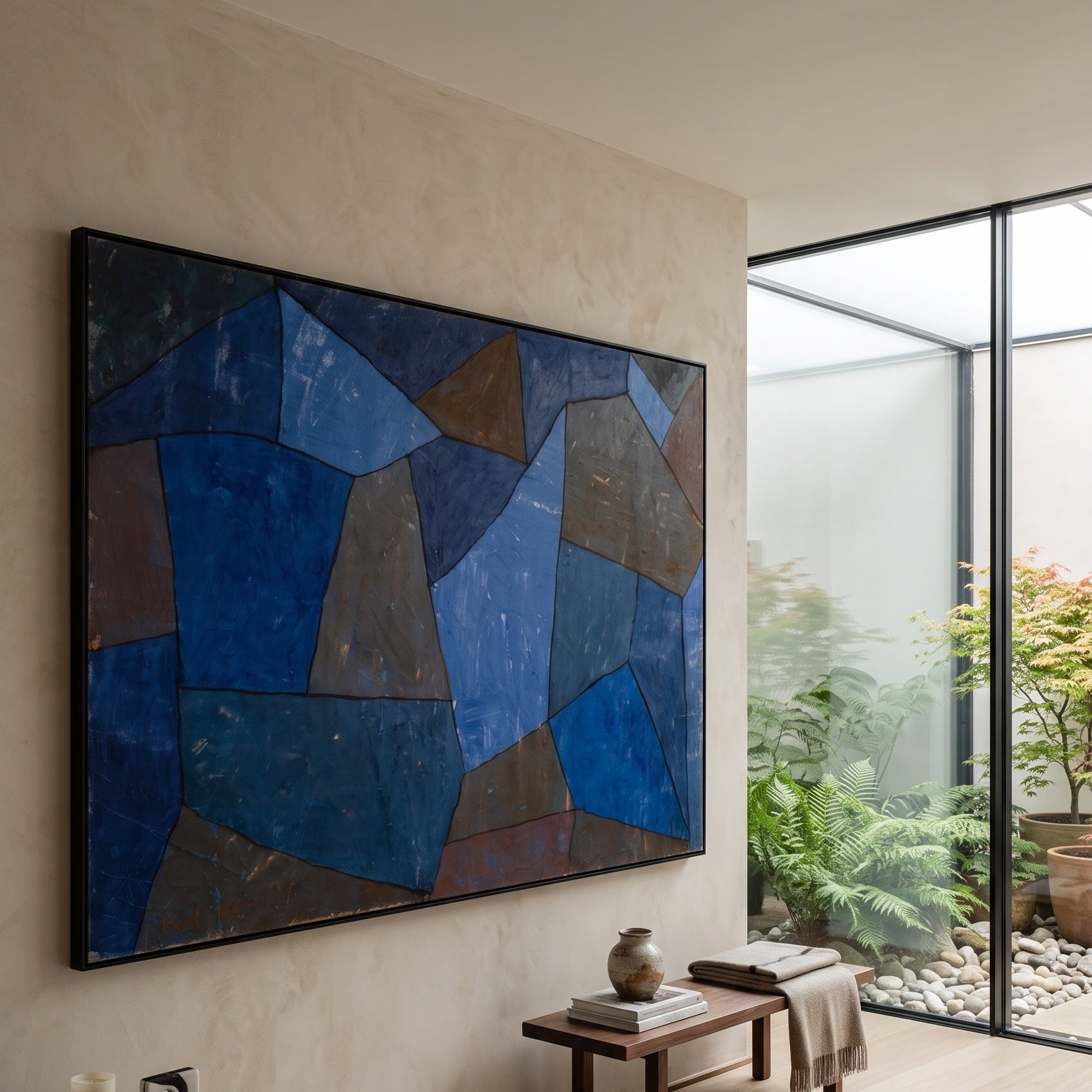 Rocks at Night by Paul Klee — large blue and brown Abstract canvas art on a entryway wall
