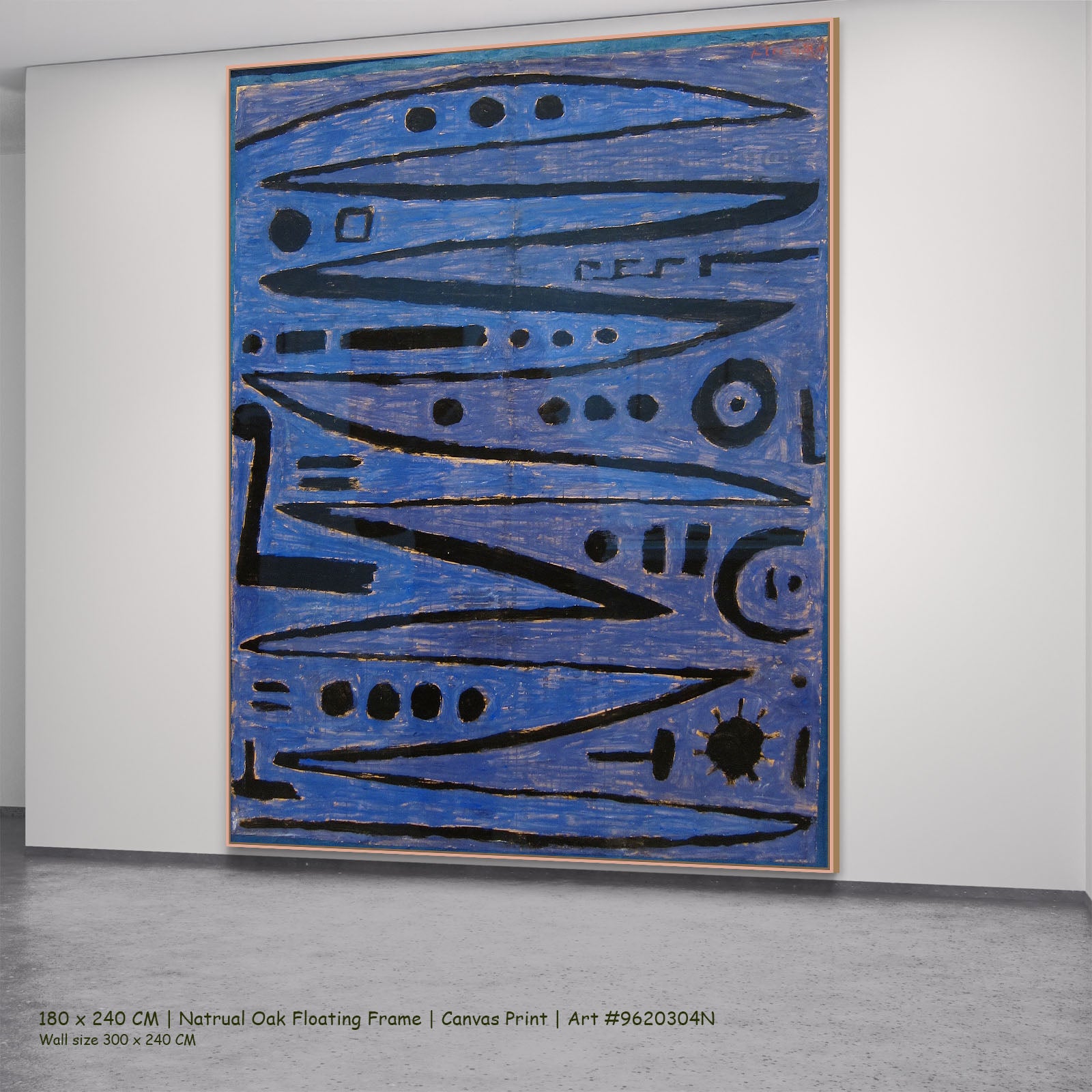 Heroic Strokes of the Bow by Paul Klee in a natural oak floating frame, large blue and black Geometric Abstract canvas