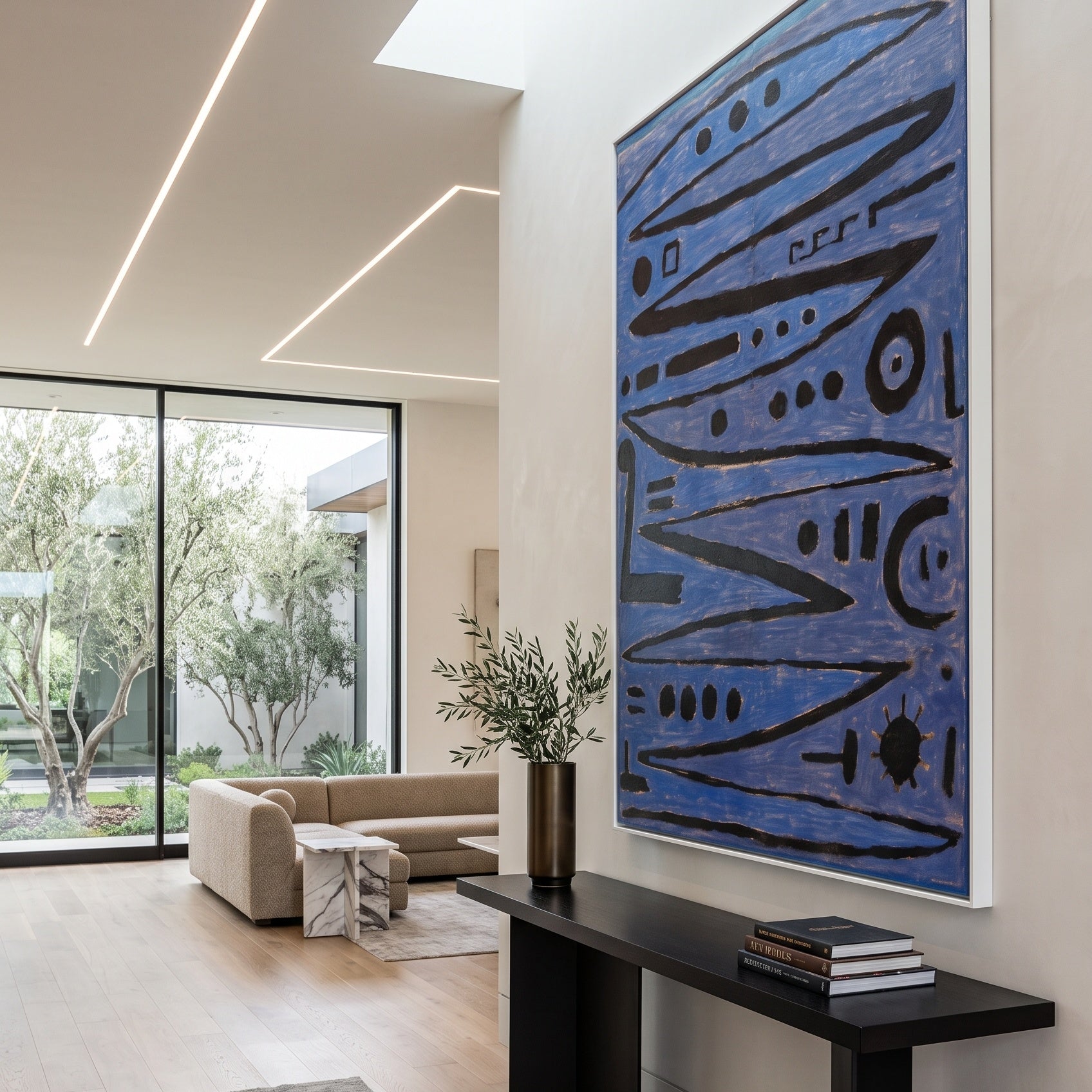Heroic Strokes of the Bow by Paul Klee — large blue and black Geometric Abstract canvas art on a entryway wall