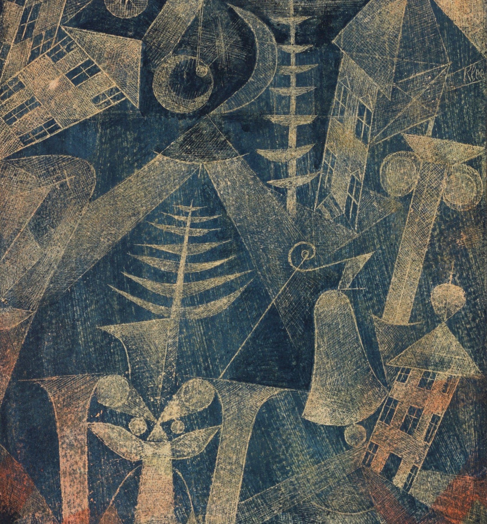 Large blue and gold Colourful Abstract canvas print of The Bell by Paul Klee