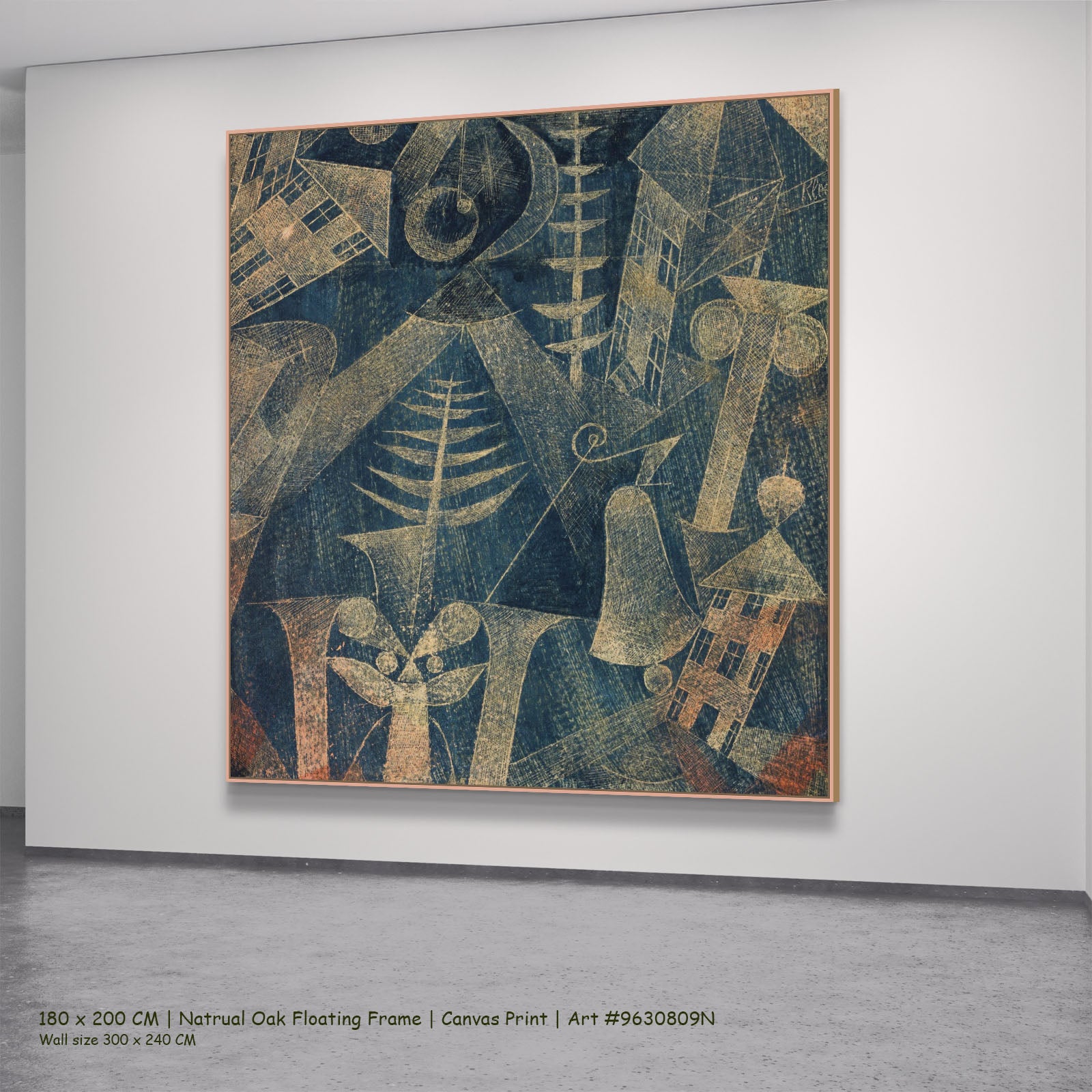 The Bell by Paul Klee in a natural oak floating frame, large blue and gold Colourful Abstract canvas