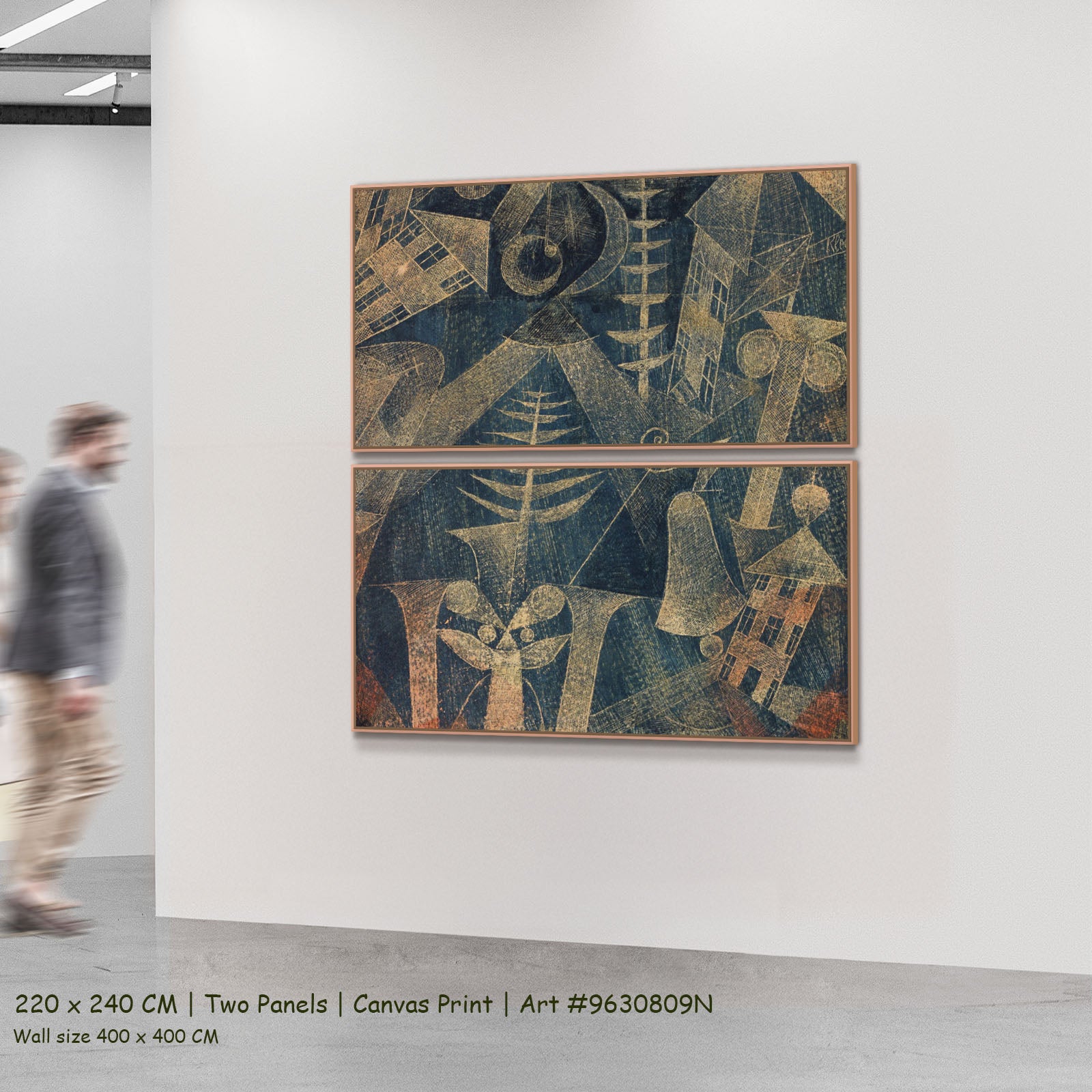 The Bell by Paul Klee as a large two-panel blue and gold Colourful Abstract canvas set
