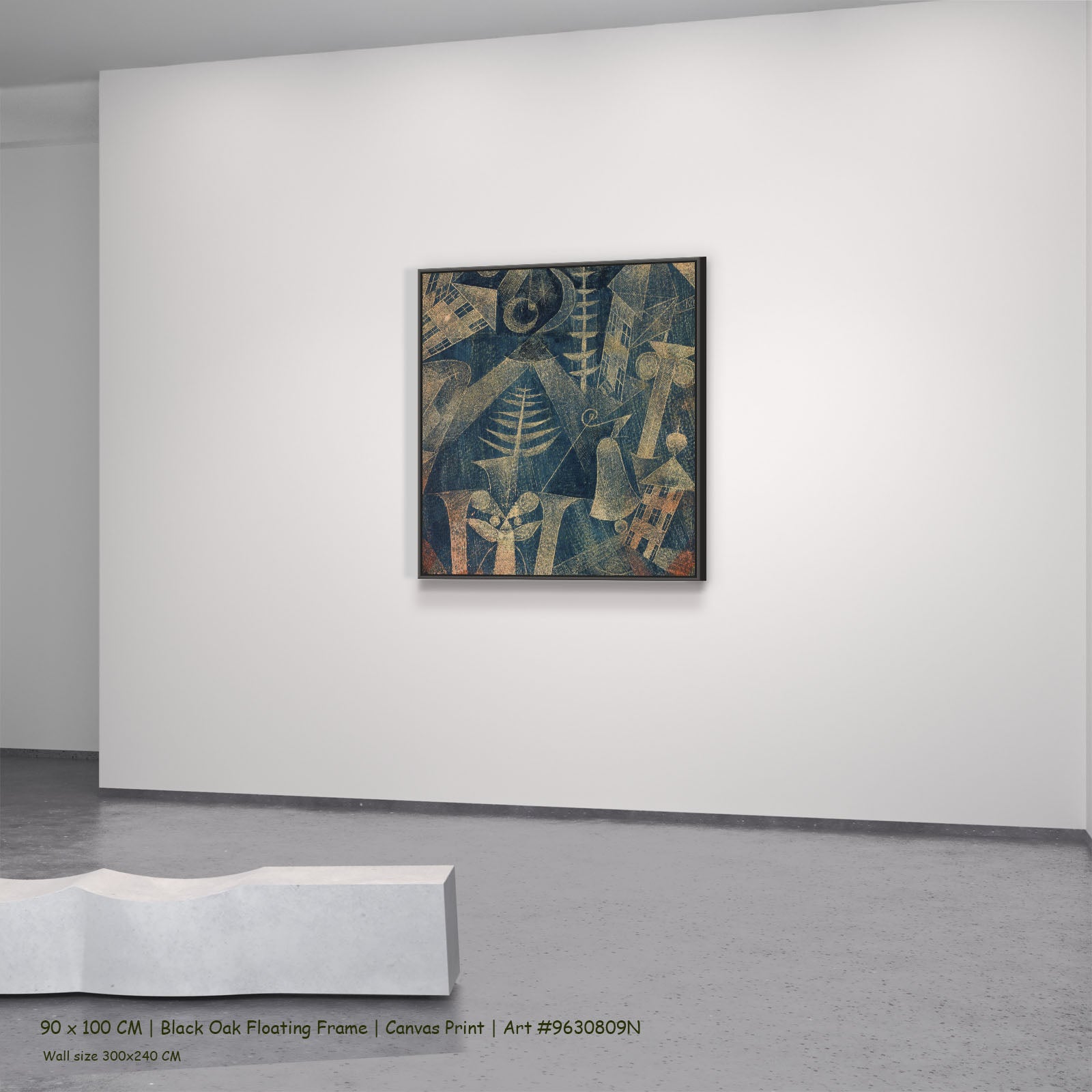 The Bell by Paul Klee in a black oak floating frame, large blue and gold Colourful Abstract canvas