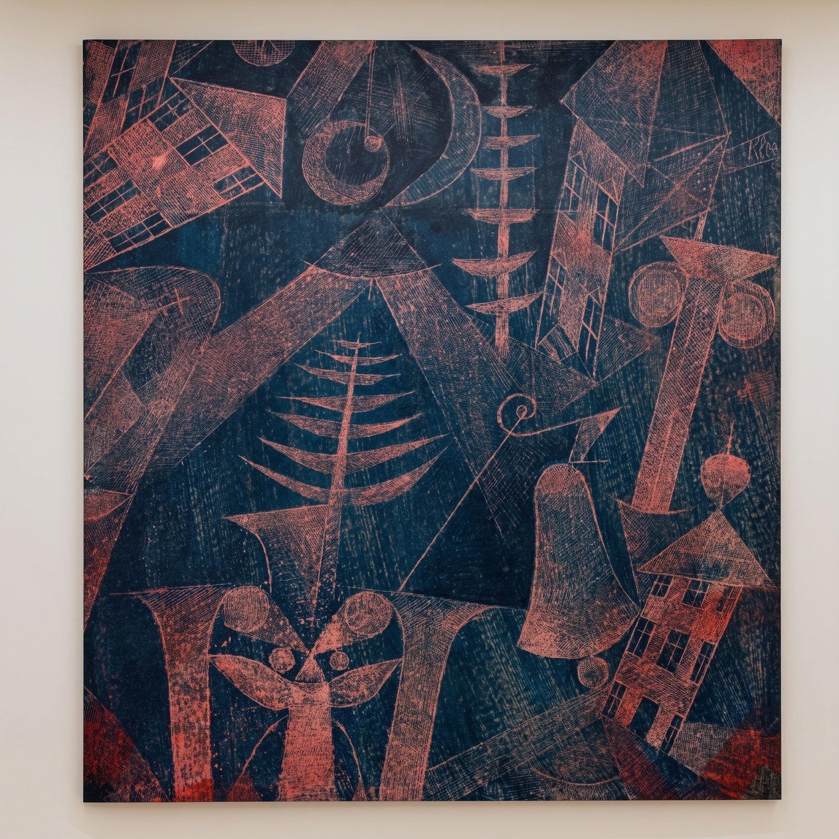 The Bell by Paul Klee — large blue and gold Colourful Abstract canvas art on a hallway wall