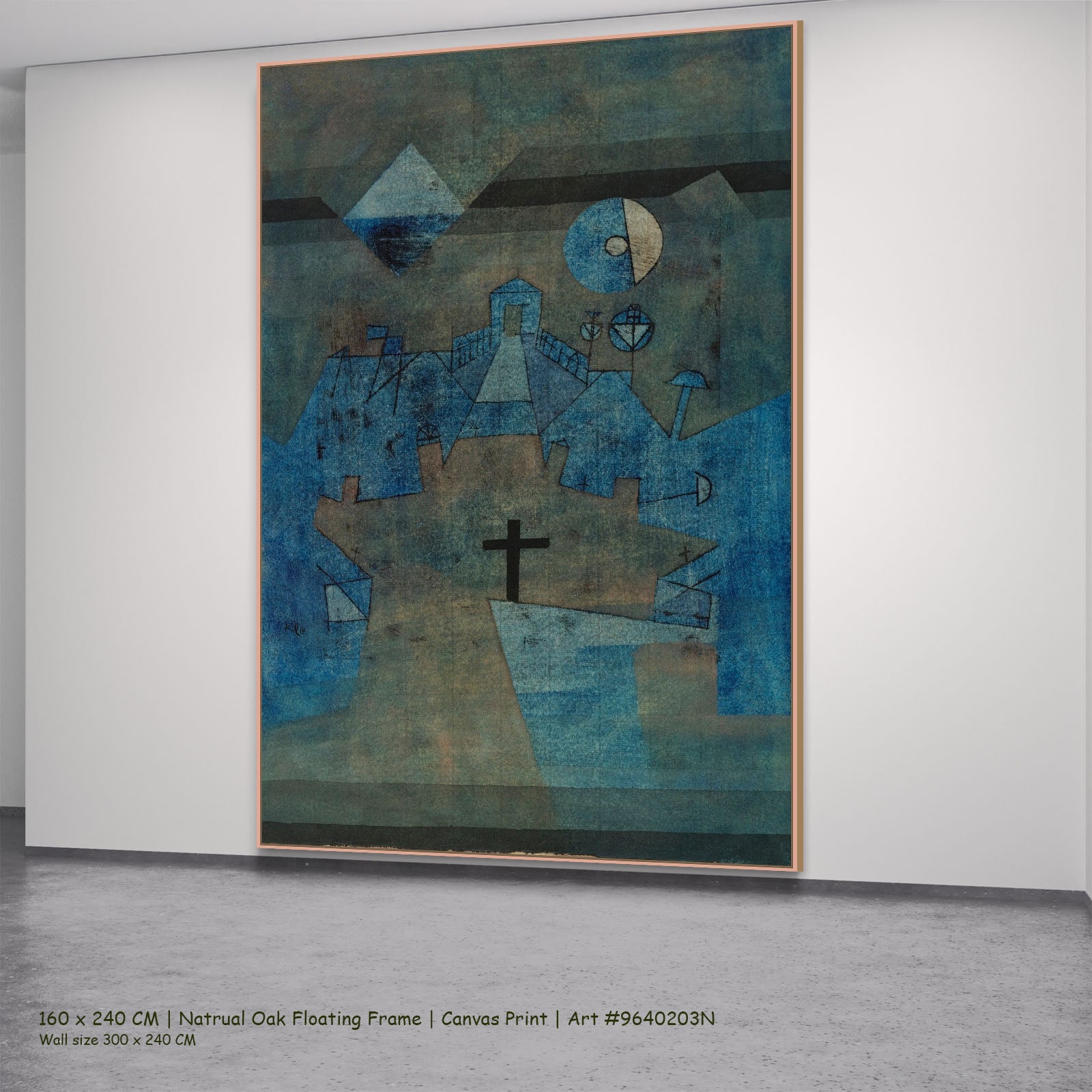 Dune Cemetery by Paul Klee in a natural oak floating frame, large blue and green Modern Abstract canvas
