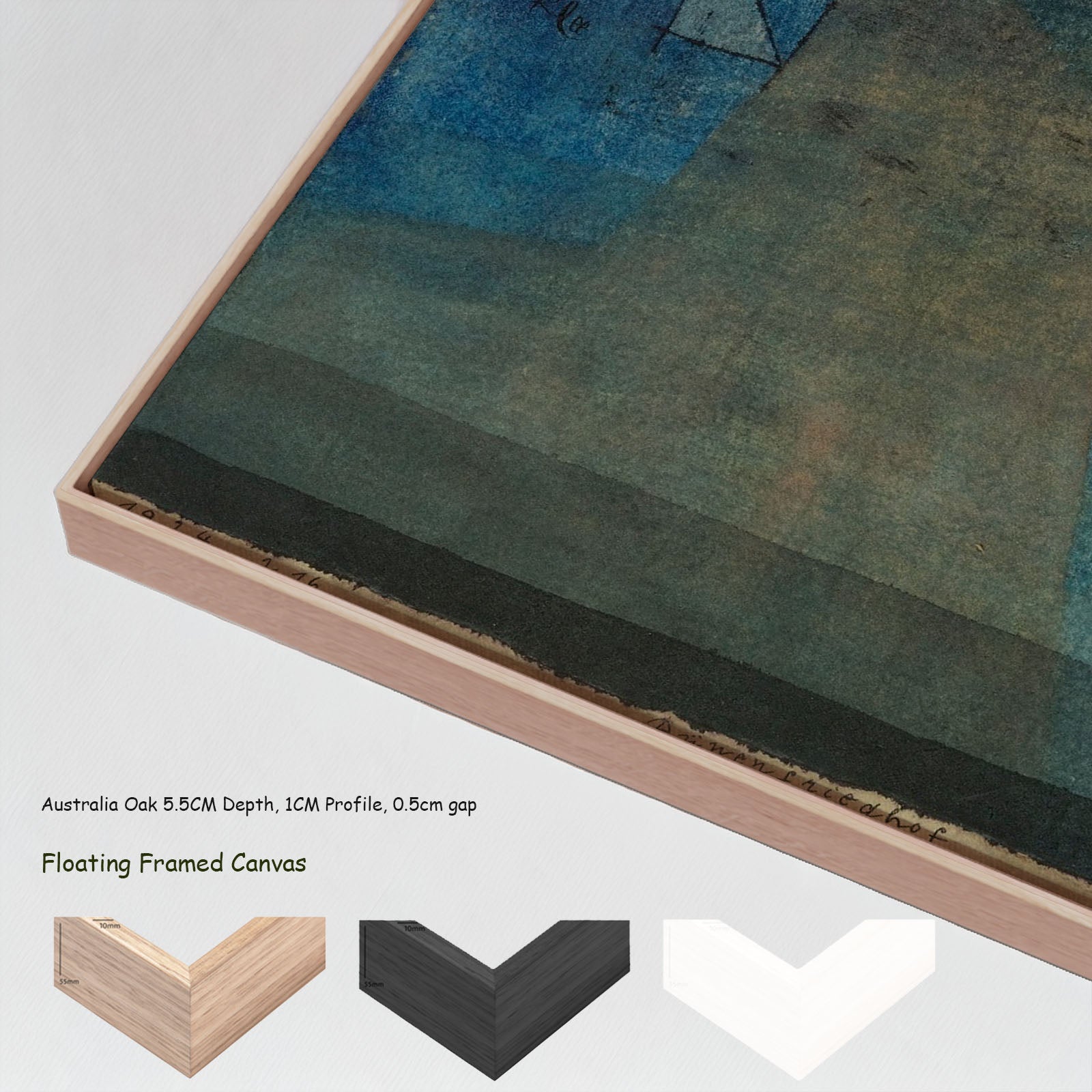 Dune Cemetery by Paul Klee in a floating frame, large blue and green Modern Abstract canvas print