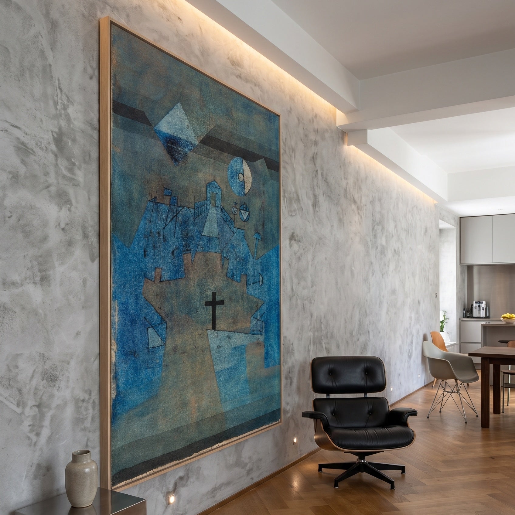 Dune Cemetery by Paul Klee — large blue and green Modern Abstract canvas art displayed on a wall