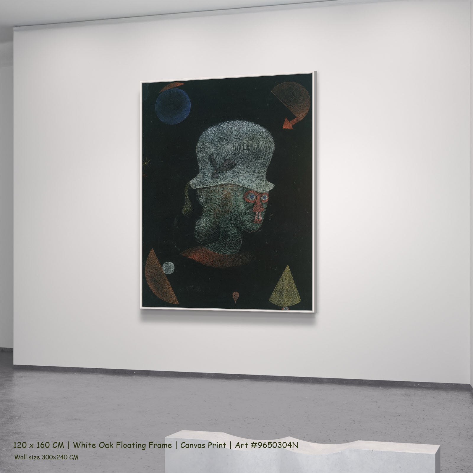 Astrological Fantasy Portrait by Paul Klee in a white oak floating frame, large green and black Abstract canvas