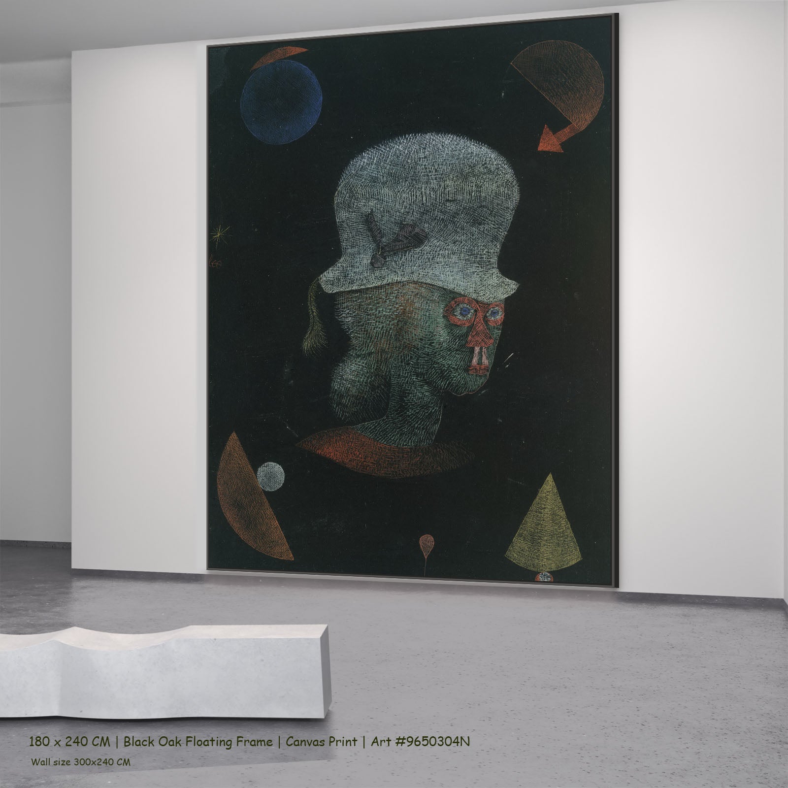 Astrological Fantasy Portrait by Paul Klee in a black oak floating frame, large green and black Abstract canvas