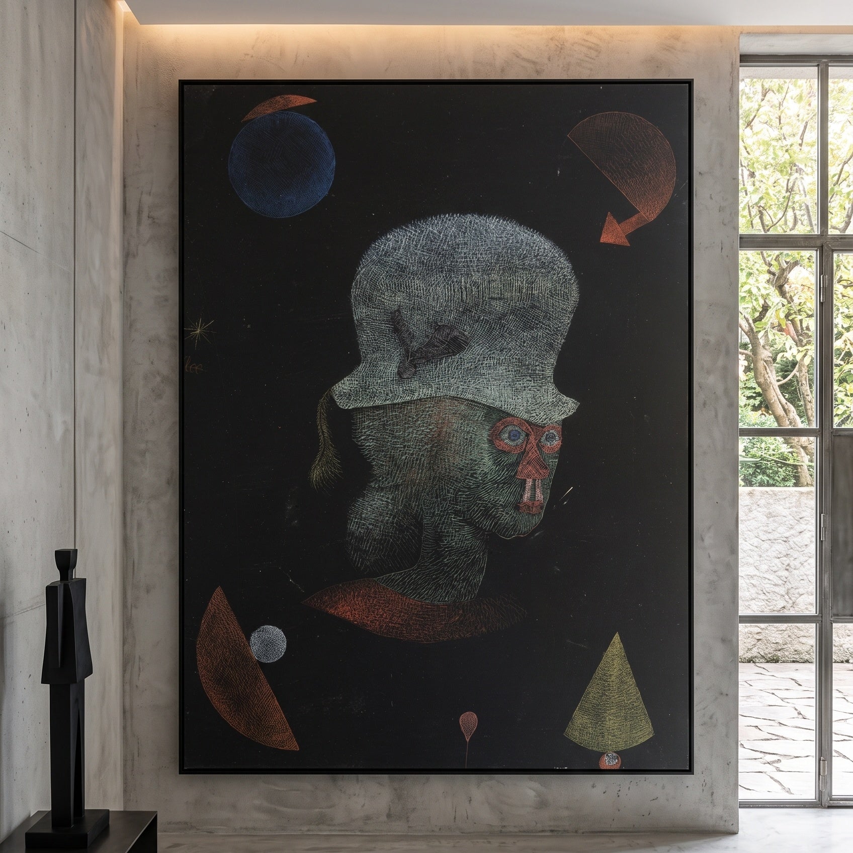 Astrological Fantasy Portrait by Paul Klee — large green and black Abstract canvas art displayed on a wall