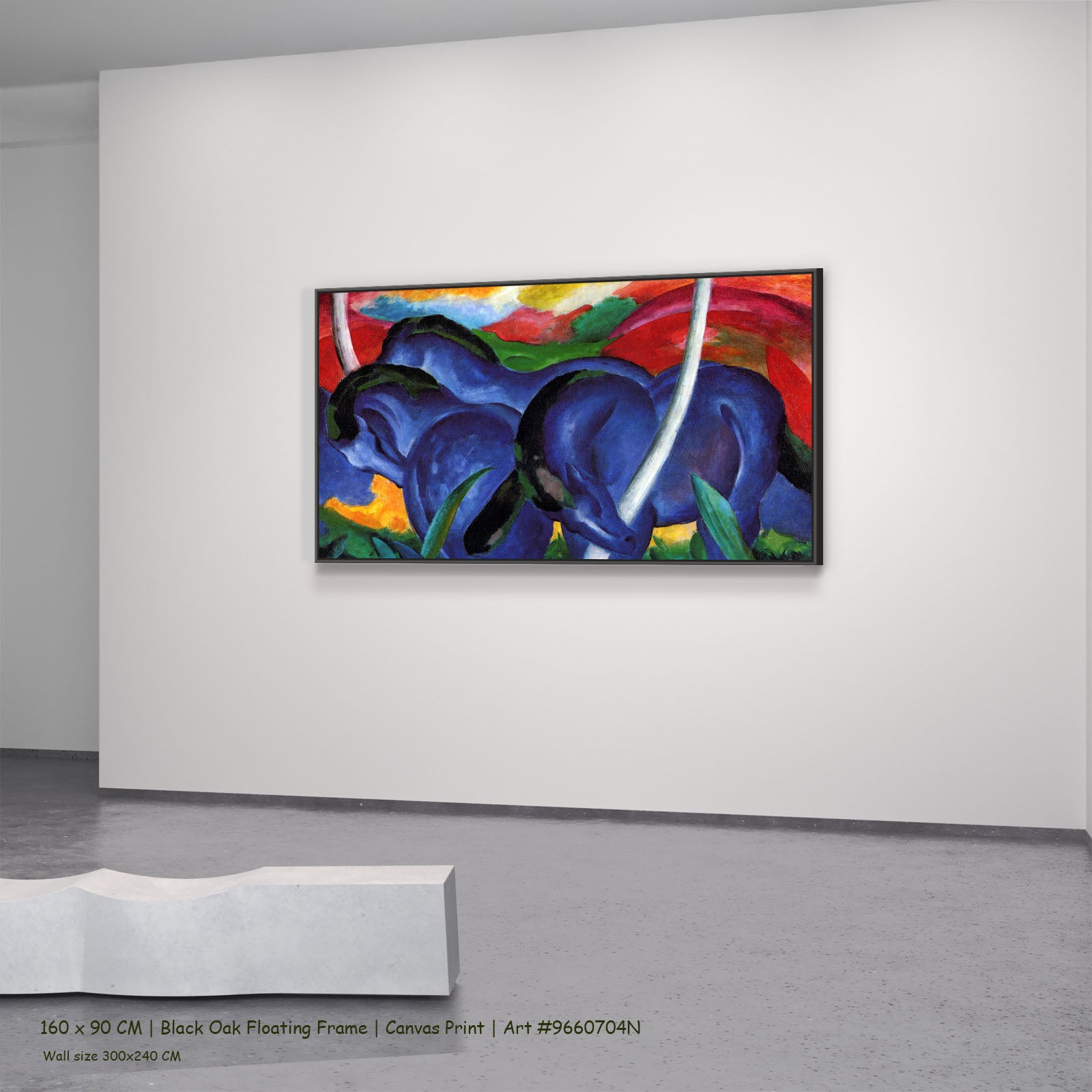 The Large Blue Horses by Franz Marc in a black oak floating frame, large blue and red Expressionist Abstract canvas