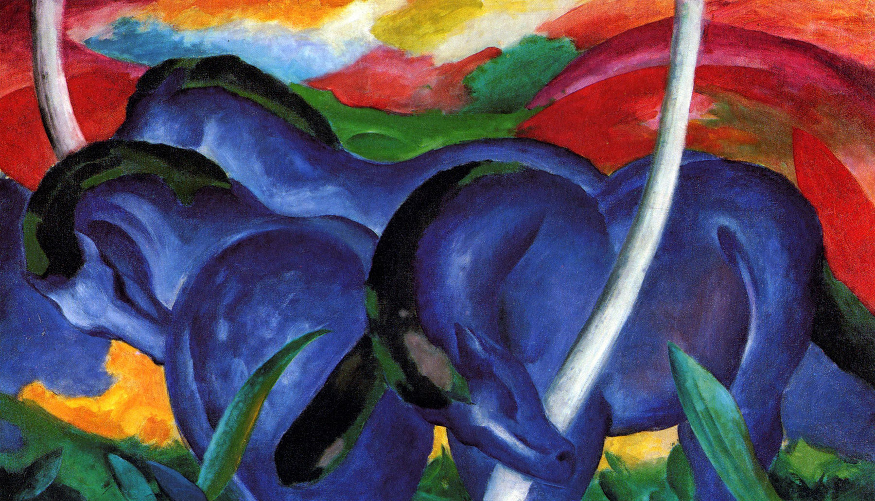 Large blue and red Expressionist Abstract canvas print of The Large Blue Horses by Franz Marc