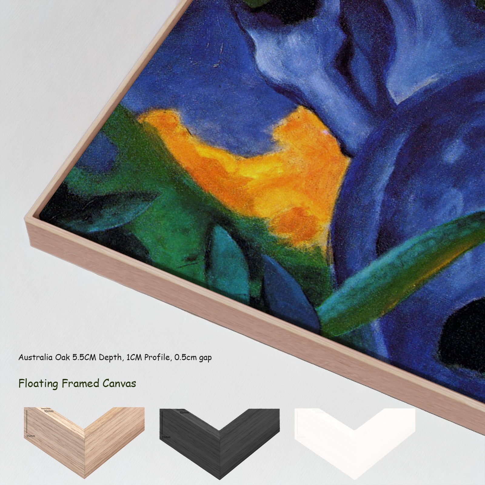 The Large Blue Horses by Franz Marc in a floating frame, large blue and red Expressionist Abstract canvas print