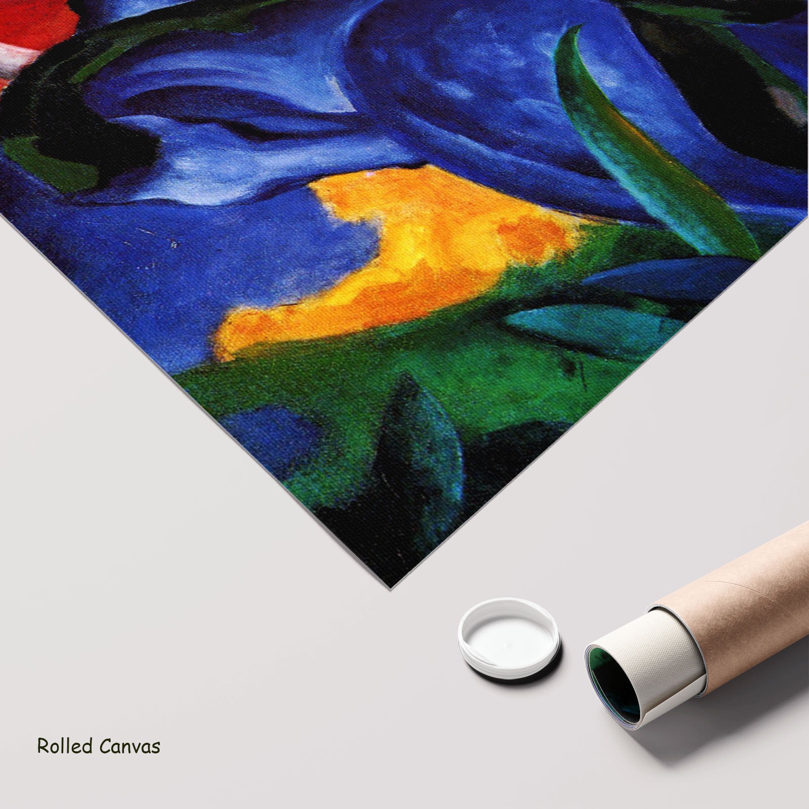 The Large Blue Horses by Franz Marc as a large rolled blue and red Expressionist Abstract canvas print