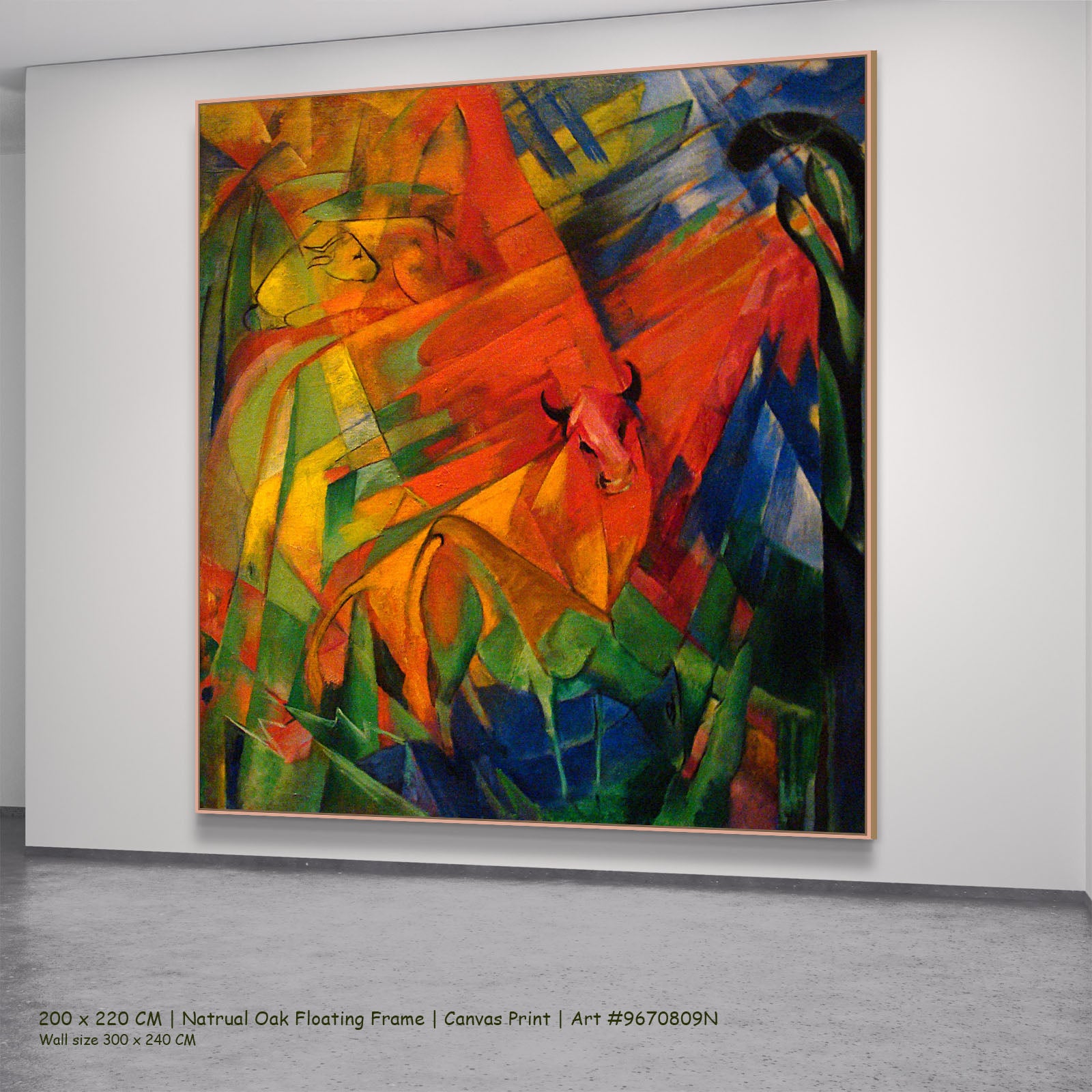 Animals in a Landscape by Franz Marc in a natural oak floating frame, large red and green Expressionist Abstract canvas