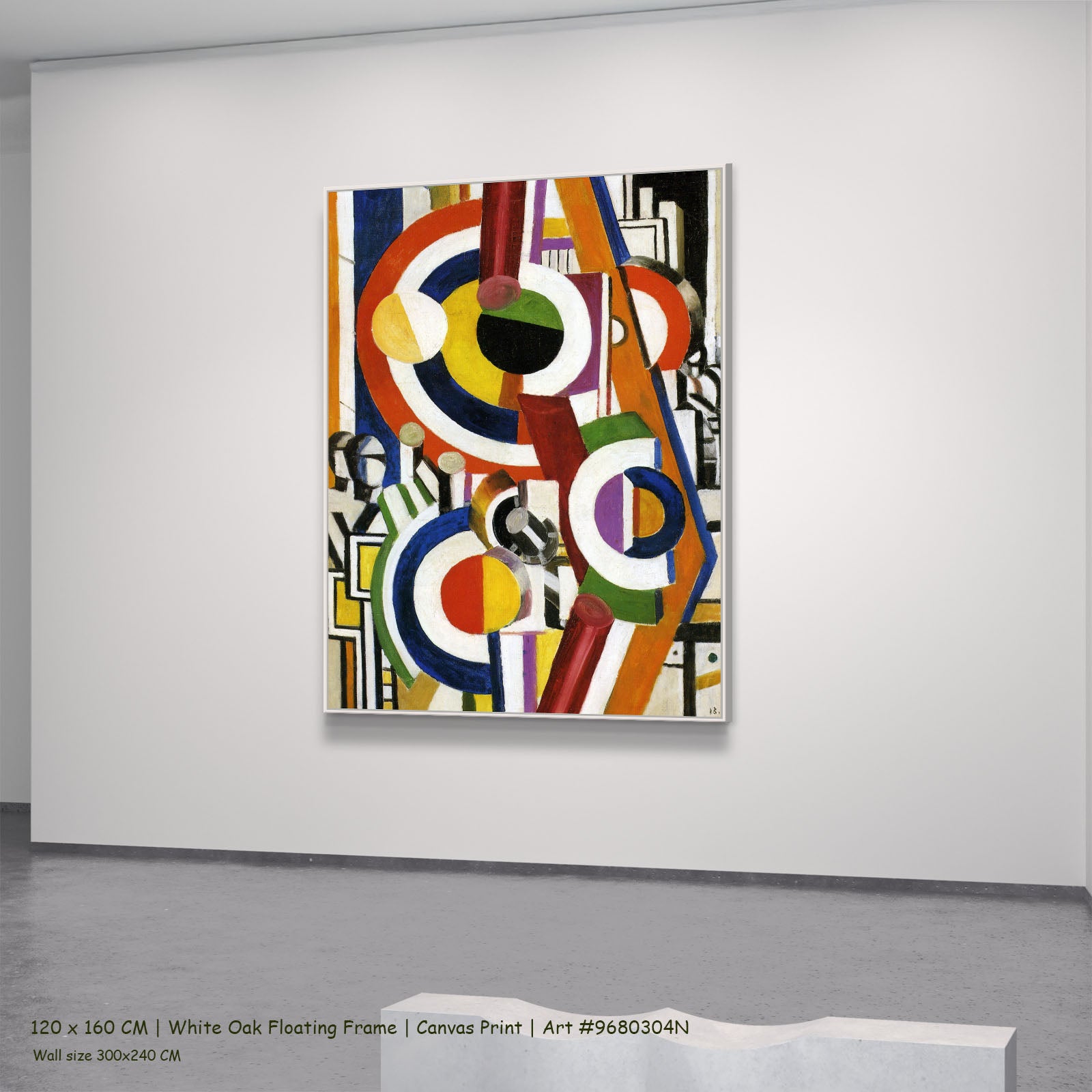 Discs by Fernand Léger in a white oak floating frame, large blue and red Cubist Abstract canvas