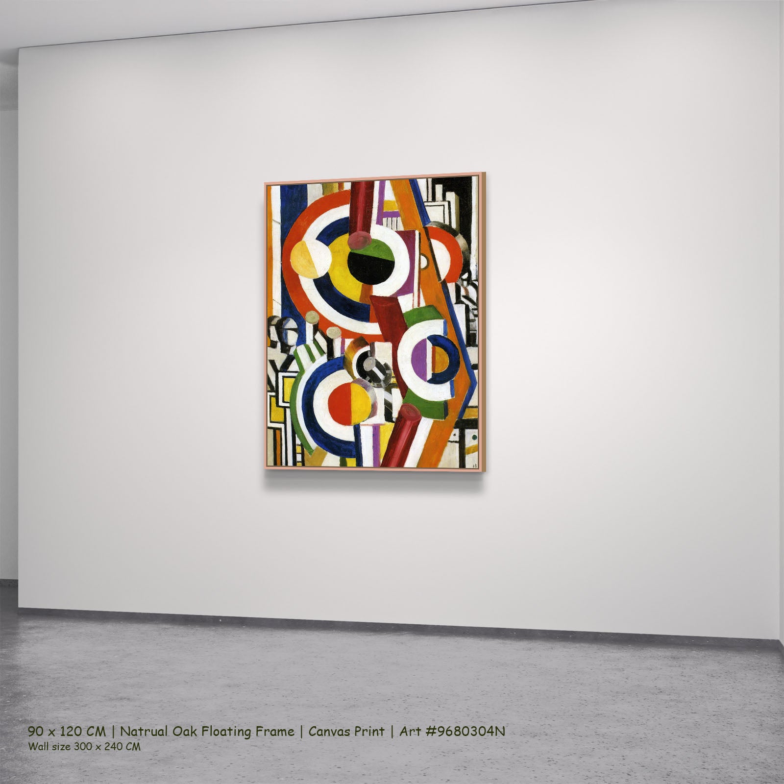 Discs by Fernand Léger in a natural oak floating frame, large blue and red Cubist Abstract canvas