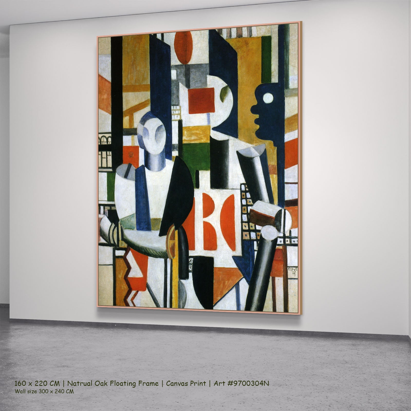 Men in the City by Fernand Léger in a natural oak floating frame, large orange and white Cubist Abstract canvas