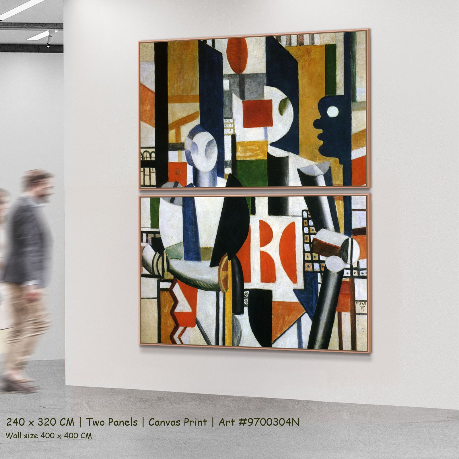 Men in the City by Fernand Léger as a large two-panel orange and white Cubist Abstract canvas set