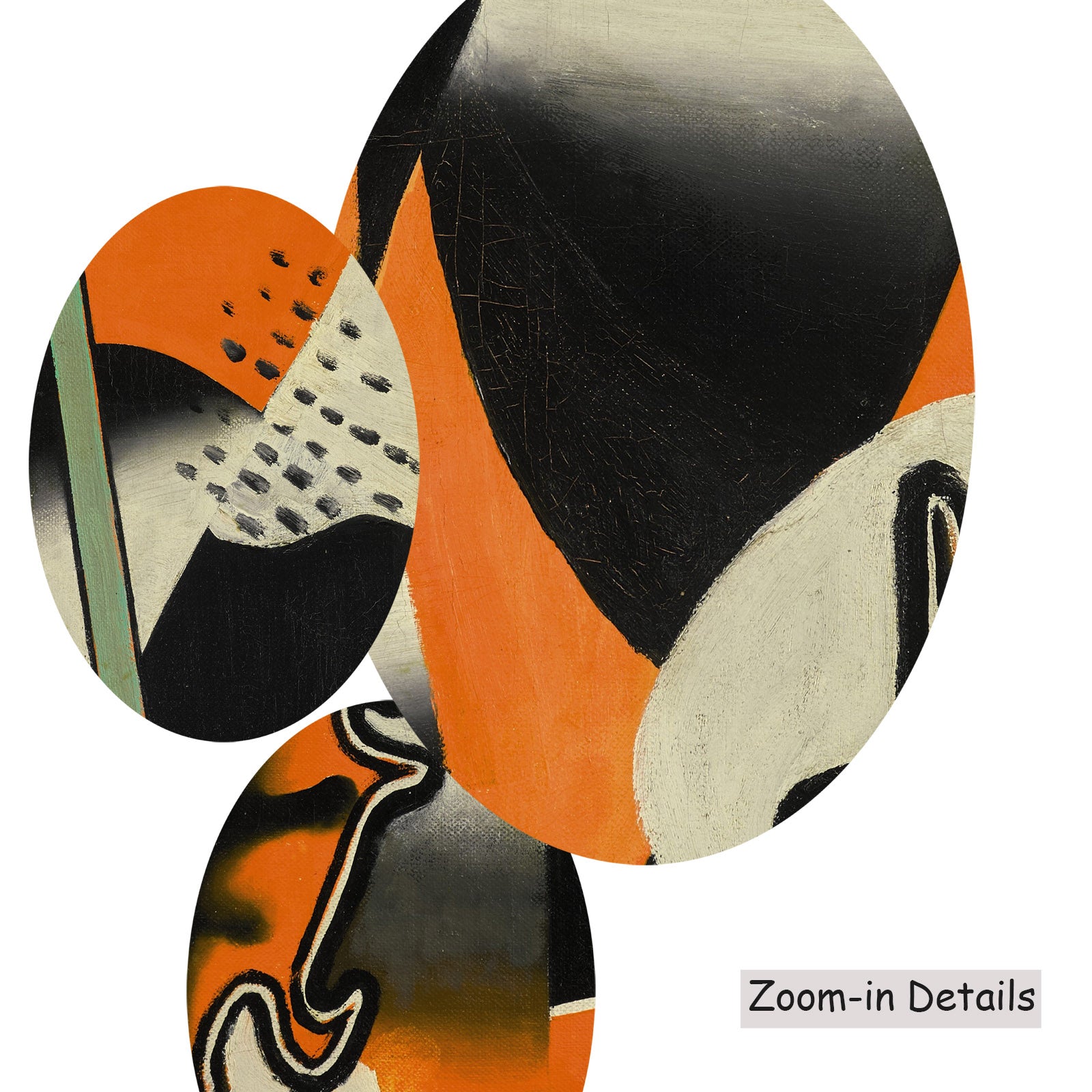 Close-up detail of the brushwork on Nature morte à la pipe sur, a large orange and black Cubist Abstract canvas by Fernand Lé