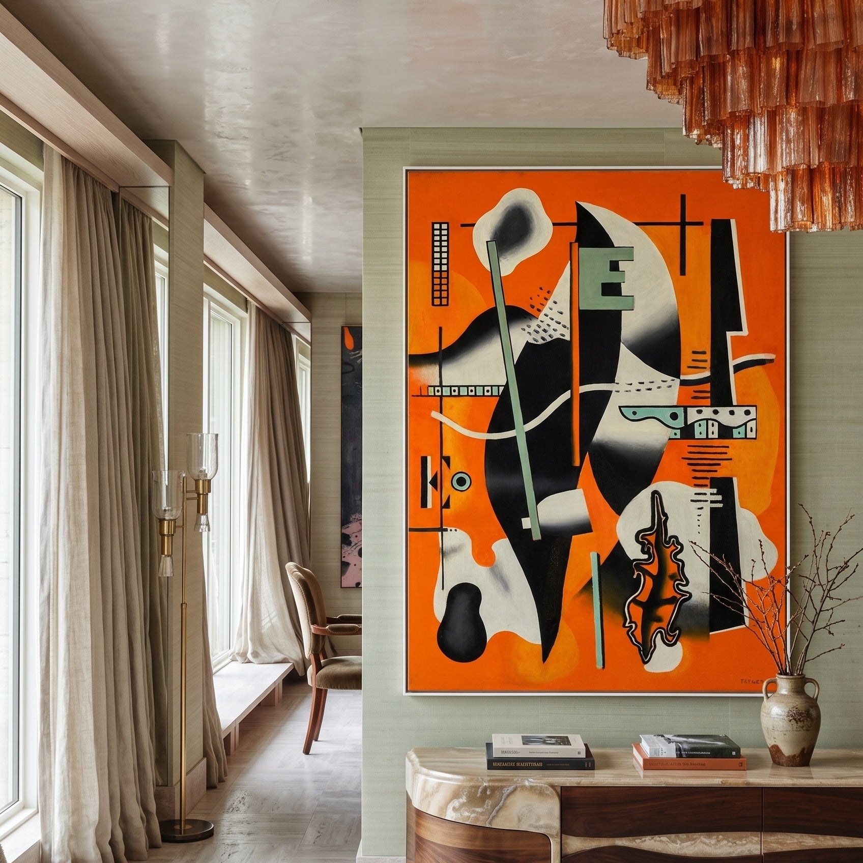 Nature morte à la pipe sur by Fernand Léger — large orange and black Cubist Abstract canvas art displayed on a wall