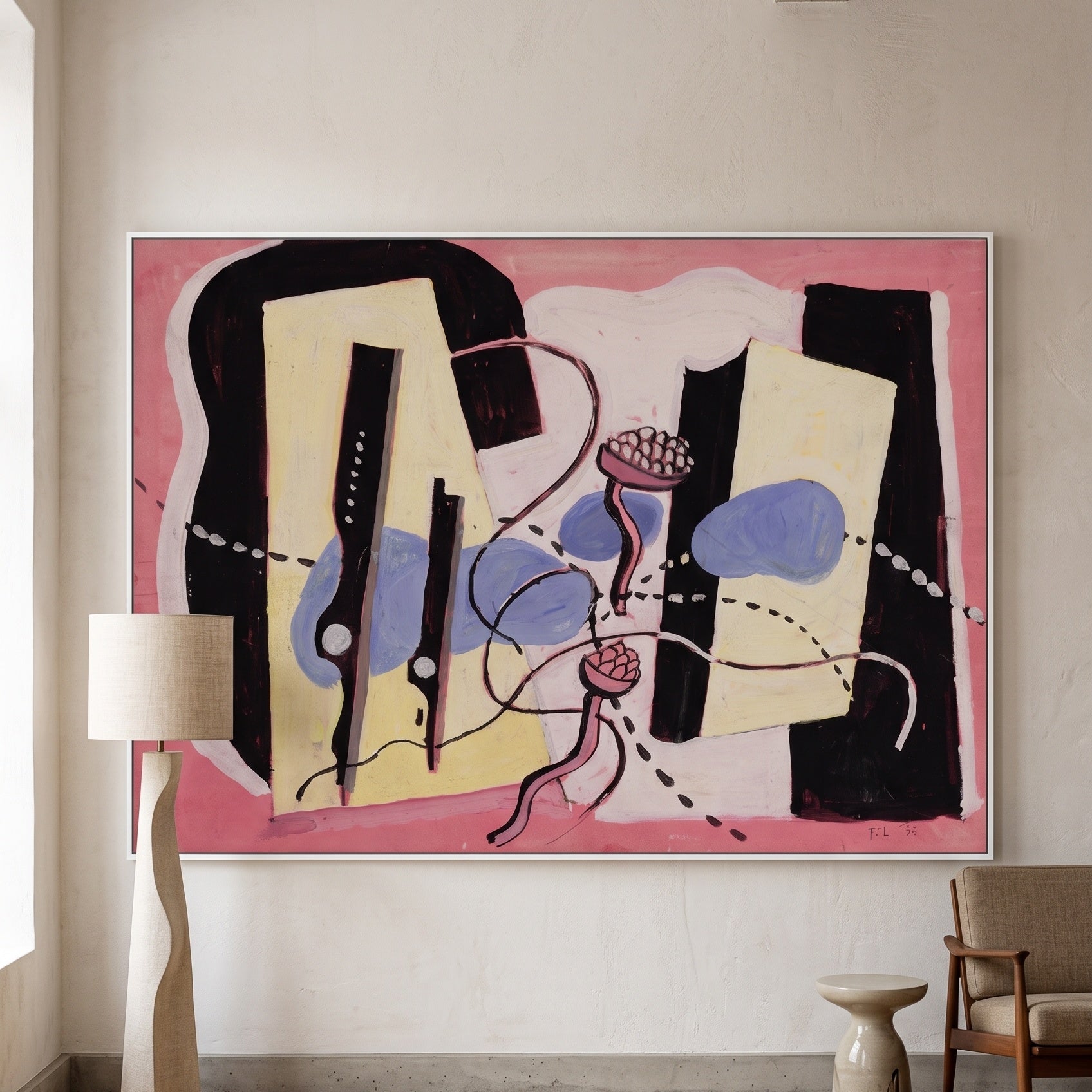 Nature Morte by Fernand Léger — large yellow and black Cubist Abstract canvas art on a hallway wall