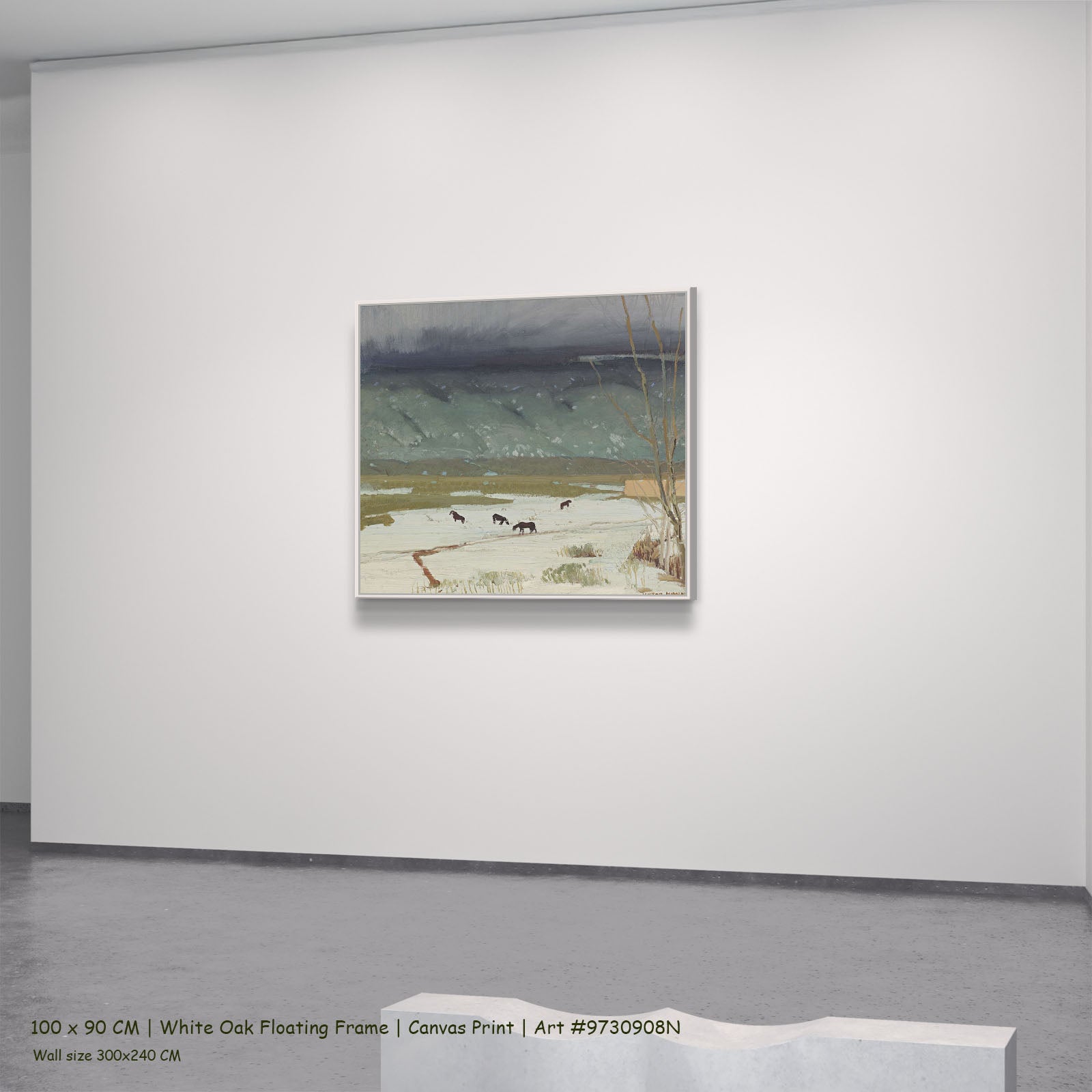 Grazing Horses in Melting Snow by Victor Higgins in a white oak floating frame, large green and grey Landscape canvas