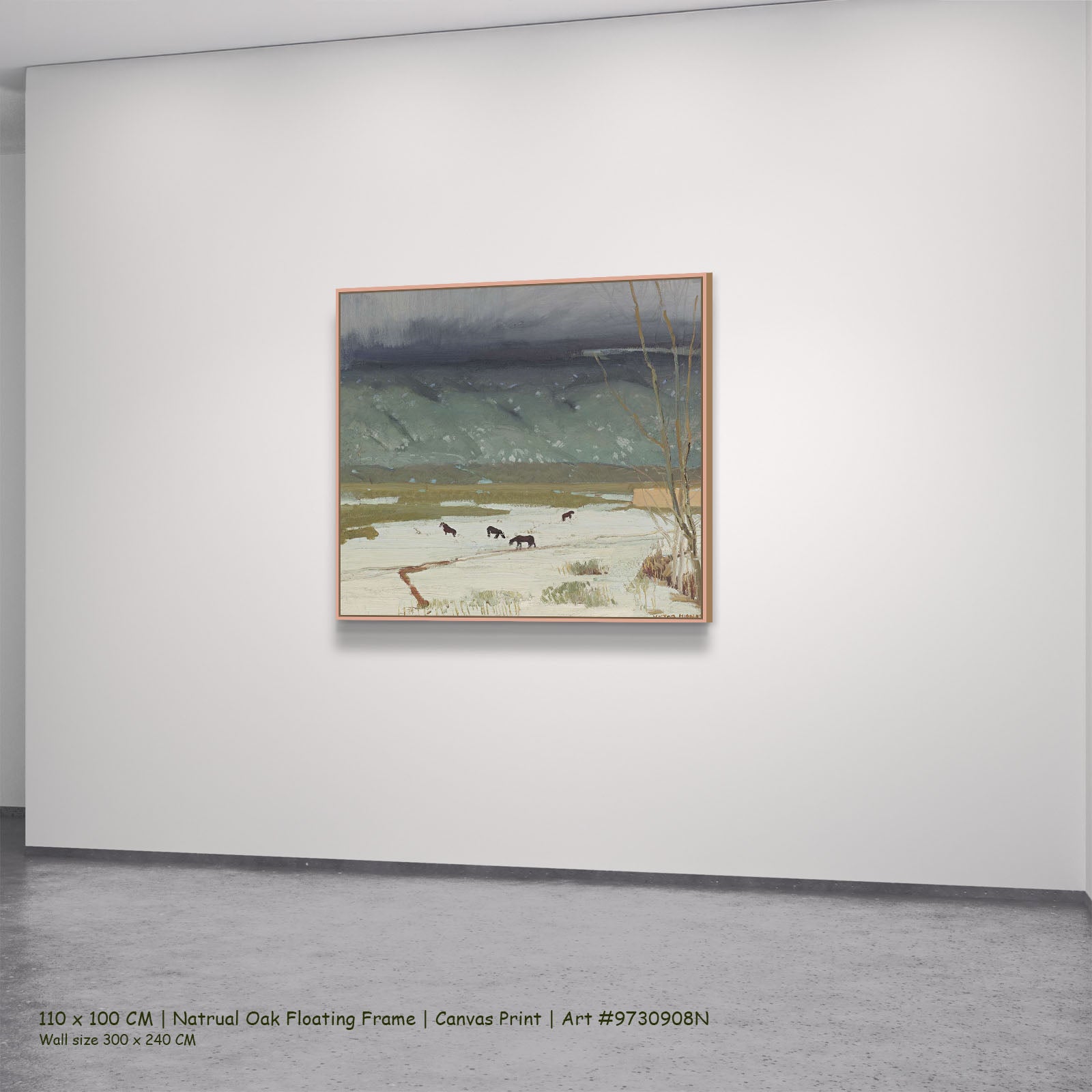 Grazing Horses in Melting Snow by Victor Higgins in a natural oak floating frame, large green and grey Landscape canvas