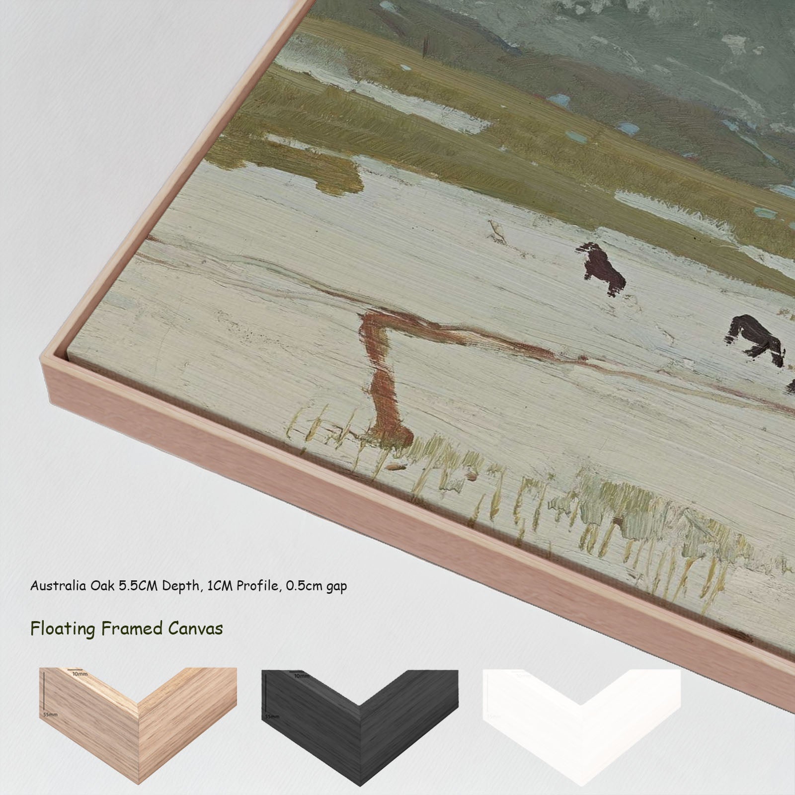 Grazing Horses in Melting Snow by Victor Higgins in a floating frame, large green and grey Landscape canvas print