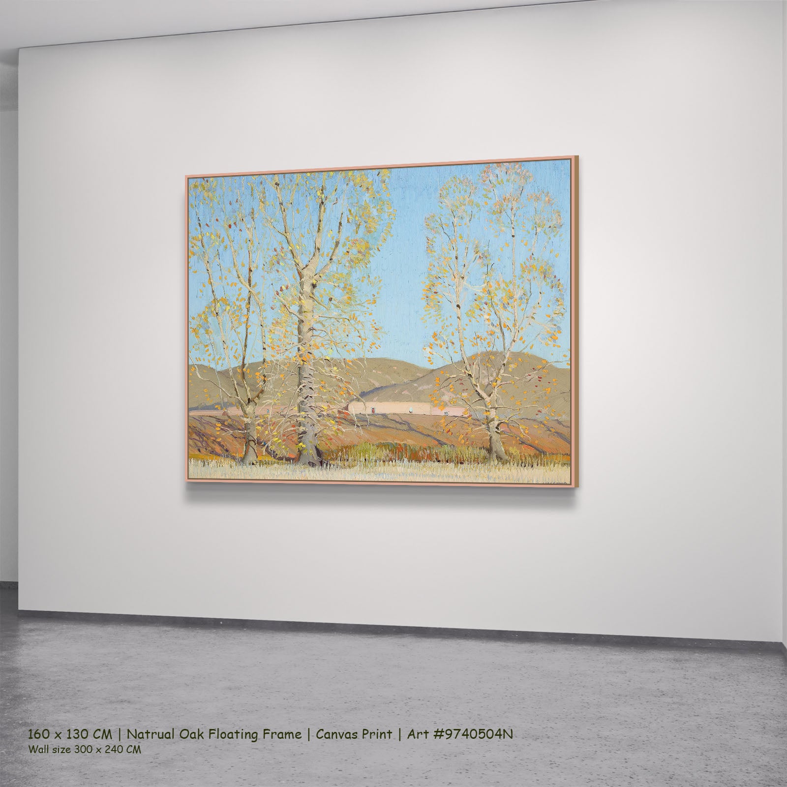 November — Country Landscape by Victor Higgins in a natural oak floating frame, large light blue and gold Landscape canvas