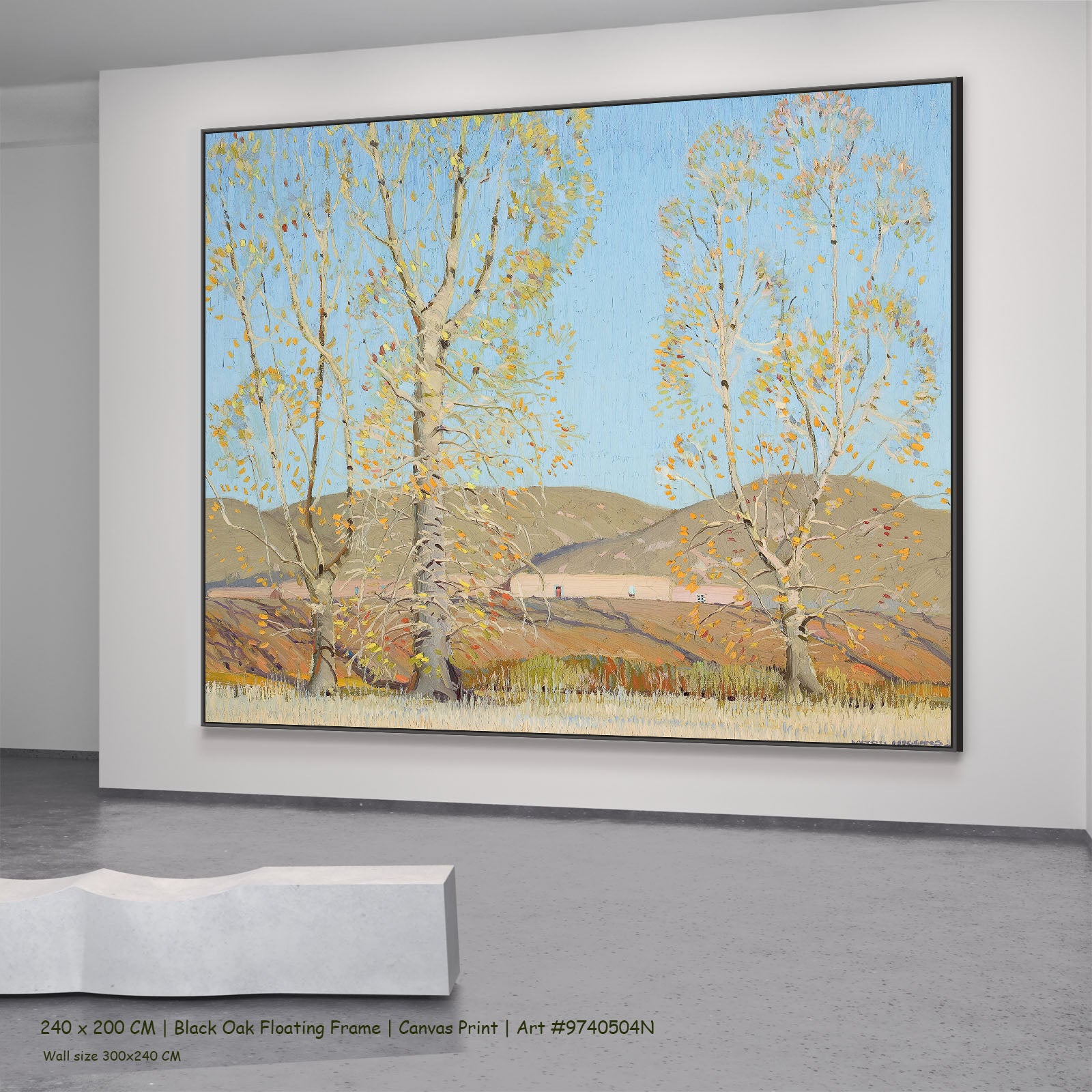 November — Country Landscape by Victor Higgins in a black oak floating frame, large light blue and gold Landscape canvas