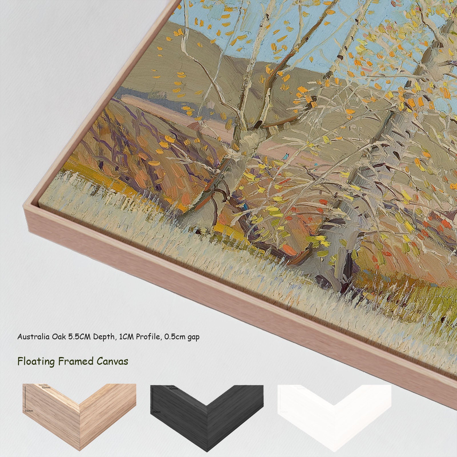 November — Country Landscape by Victor Higgins in a floating frame, large light blue and gold Landscape canvas print