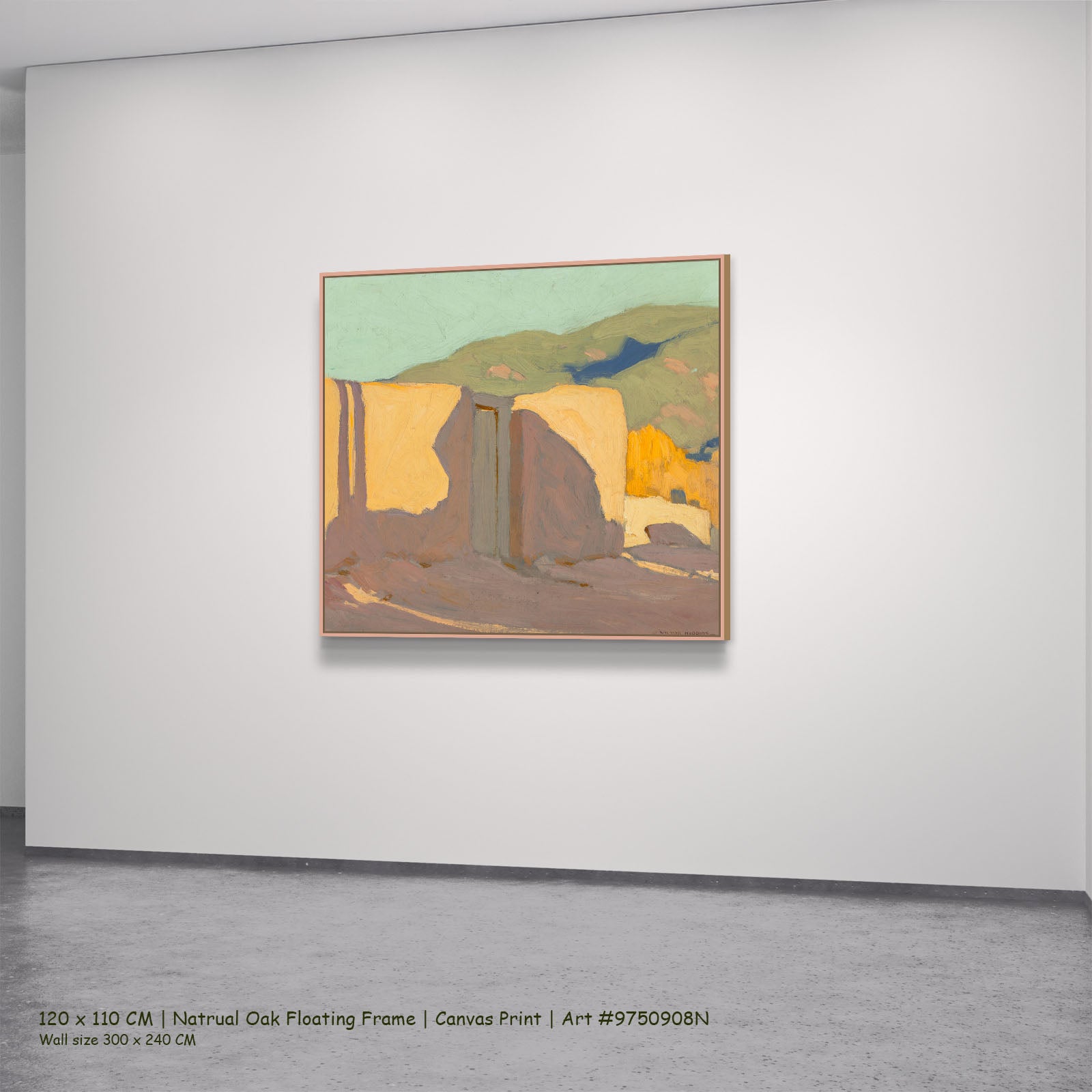 Shadow Street by Victor Higgins in a natural oak floating frame, large gold and grey Landscape canvas
