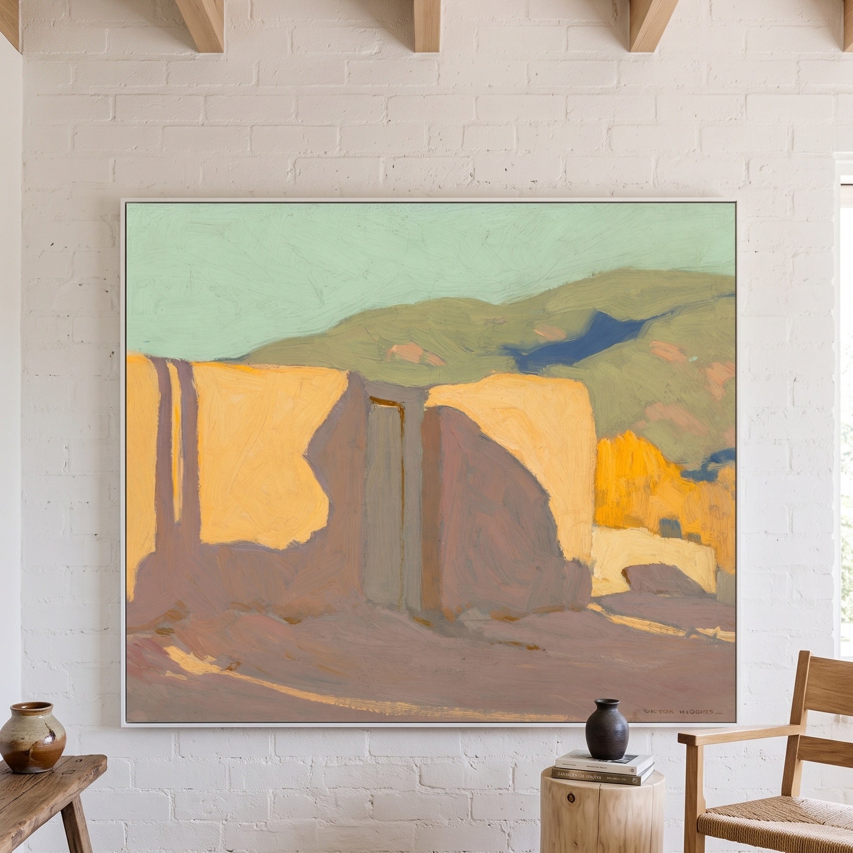 Shadow Street by Victor Higgins — large gold and grey Landscape canvas art on a living room wall