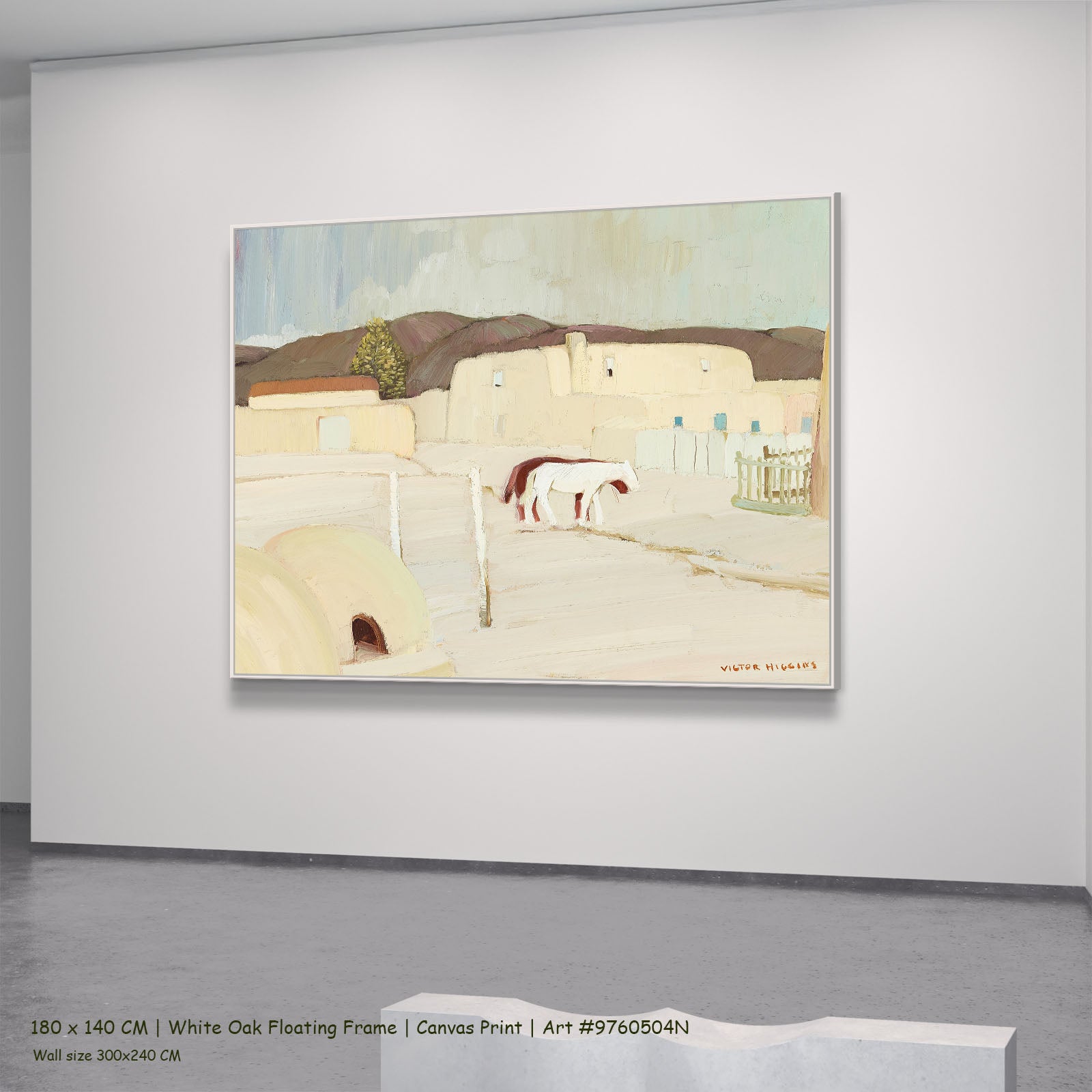 Taos Pueblo Courtyard with Horses by Victor Higgins in a white oak floating frame, large white and grey Landscape canvas