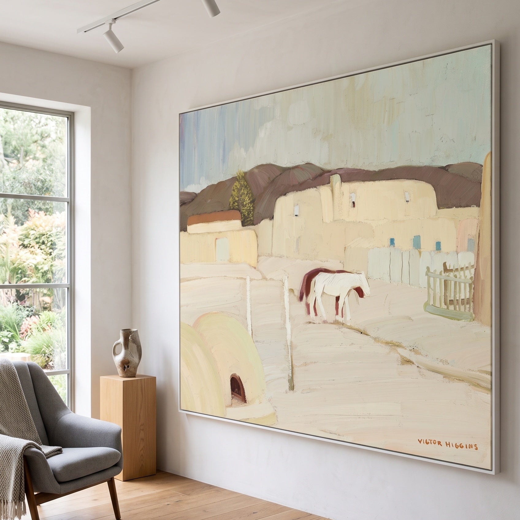 Taos Pueblo Courtyard with Horses by Victor Higgins — large white and grey Landscape canvas art on a hallway wall