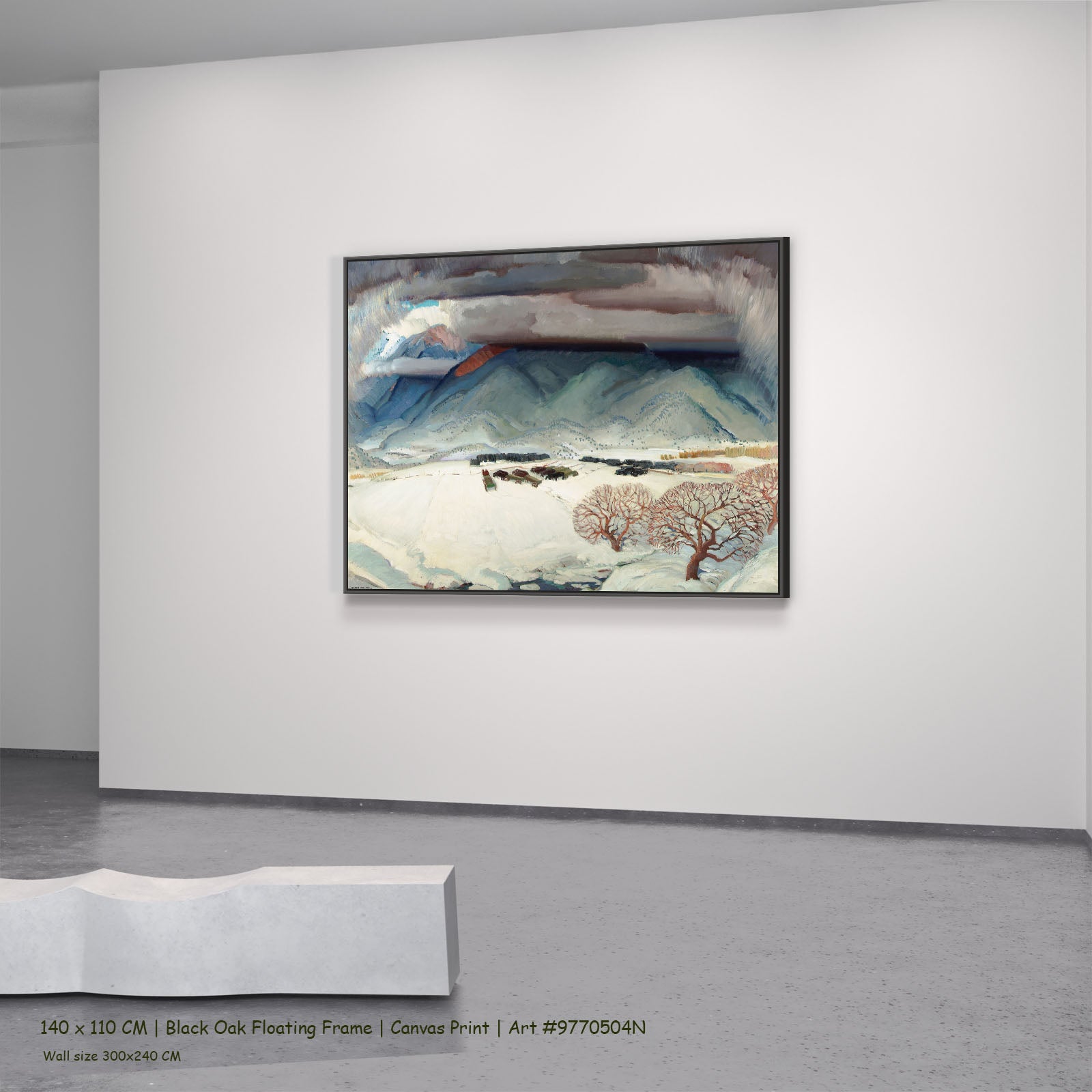 Winter Funeral by Victor Higgins in a black oak floating frame, large blue and grey Landscape canvas