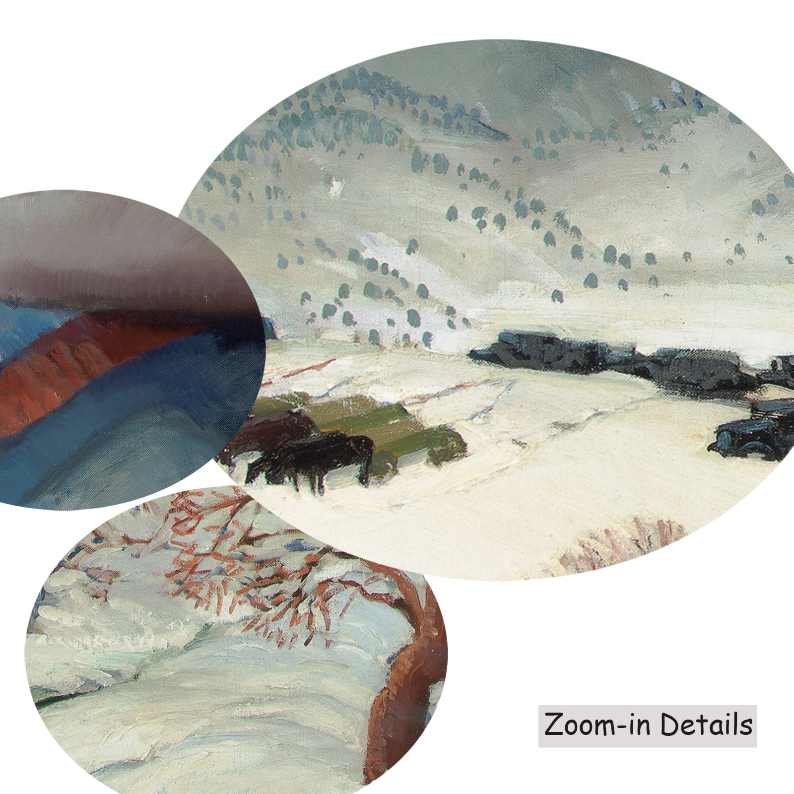 Close-up detail of the brushwork on Winter Funeral, a large blue and grey Landscape canvas by Victor Higgins