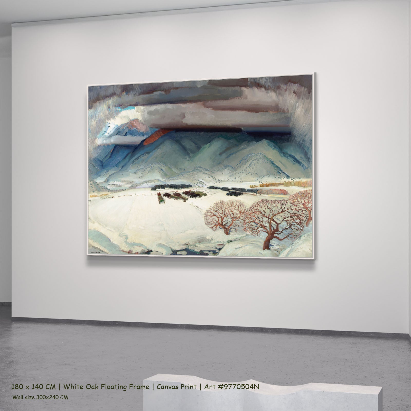 Winter Funeral by Victor Higgins in a white oak floating frame, large blue and grey Landscape canvas