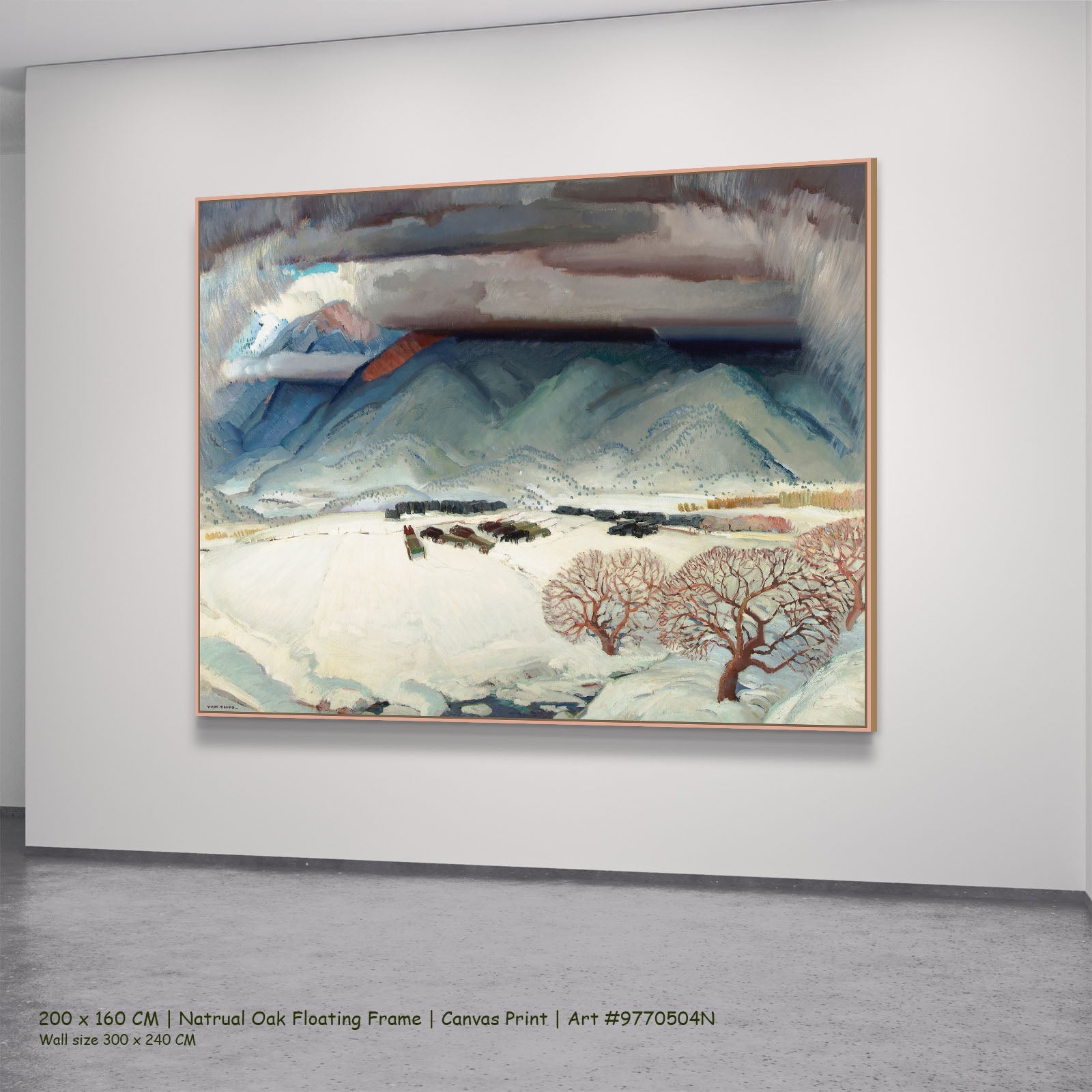 Winter Funeral by Victor Higgins in a natural oak floating frame, large blue and grey Landscape canvas