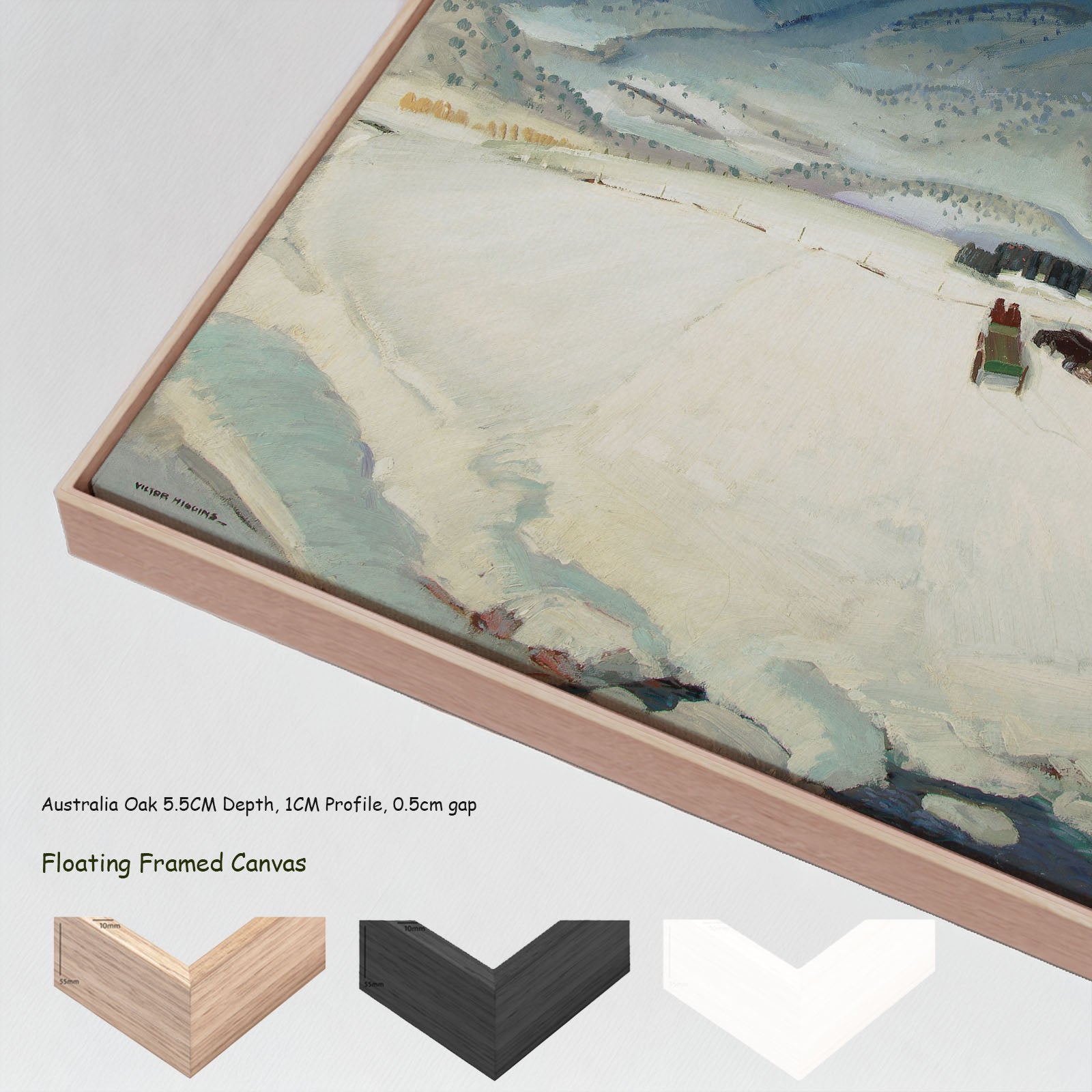 Winter Funeral by Victor Higgins in a floating frame, large blue and grey Landscape canvas print