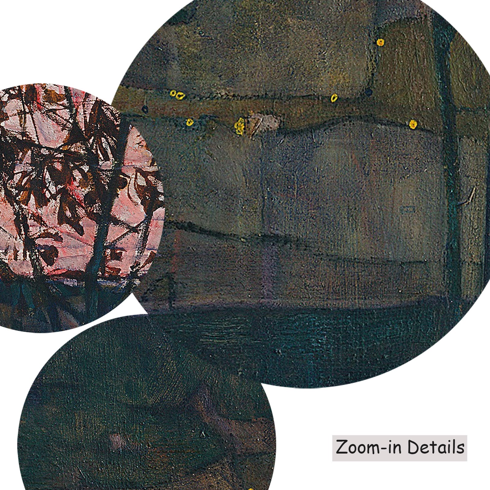 Close-up detail of the brushwork on Setting Sun, a large green and pink Expressionist Abstract canvas by Egon Schiele
